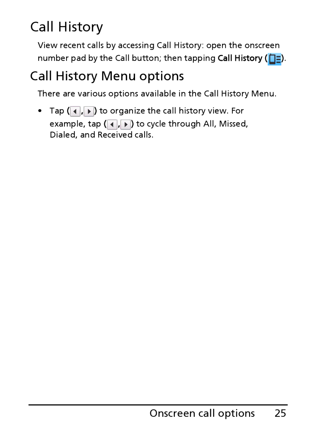 Acer E101, E100 manual Call History Menu options 