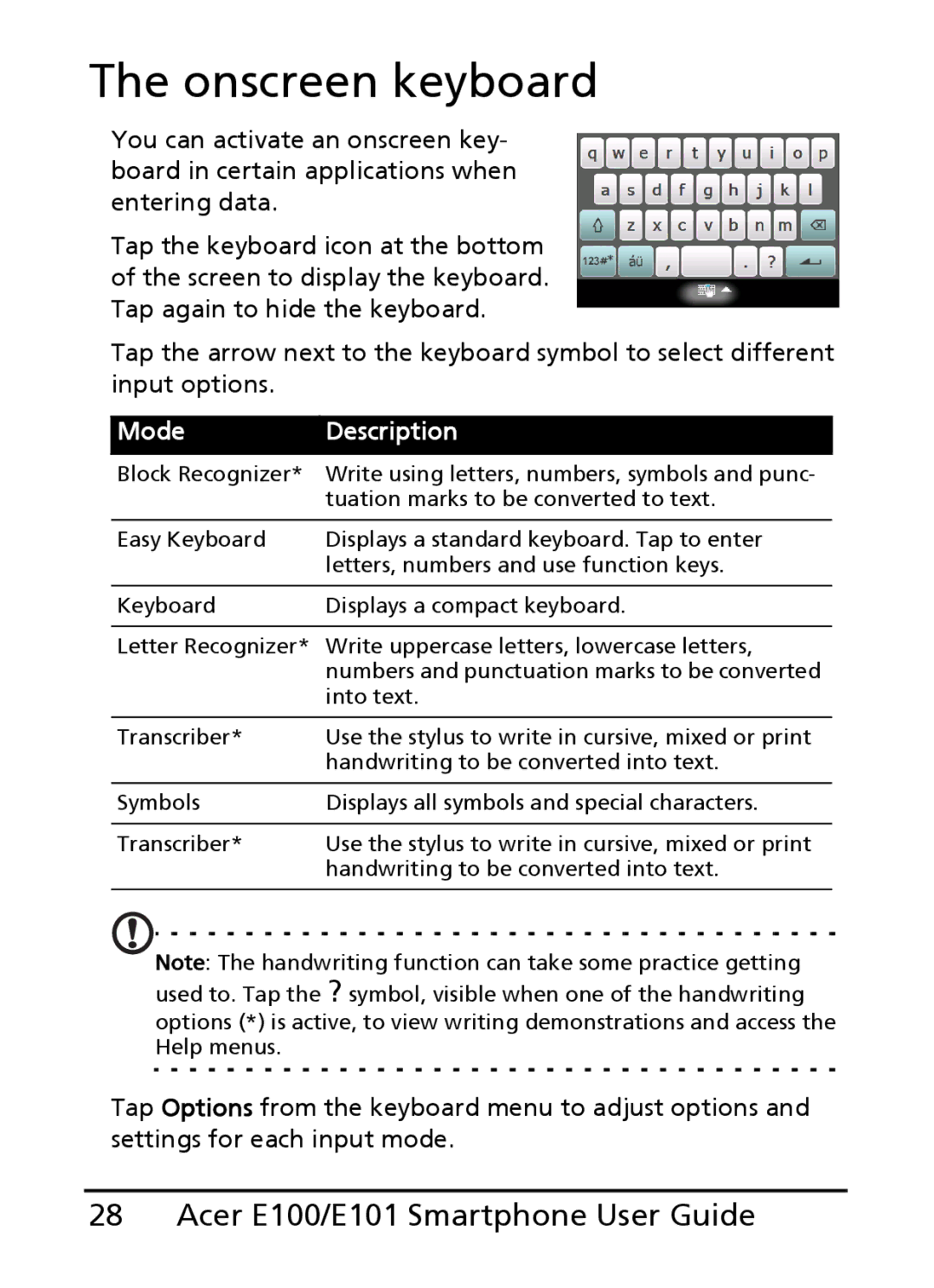 Acer E100, E101 manual Onscreen keyboard, Mode Description 