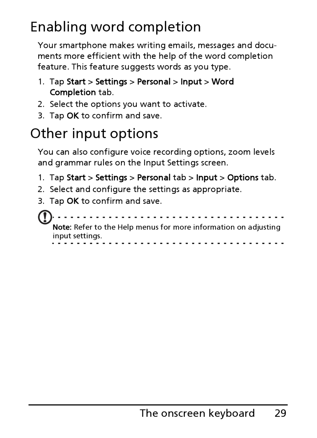 Acer E101, E100 manual Enabling word completion, Other input options, Onscreen keyboard 