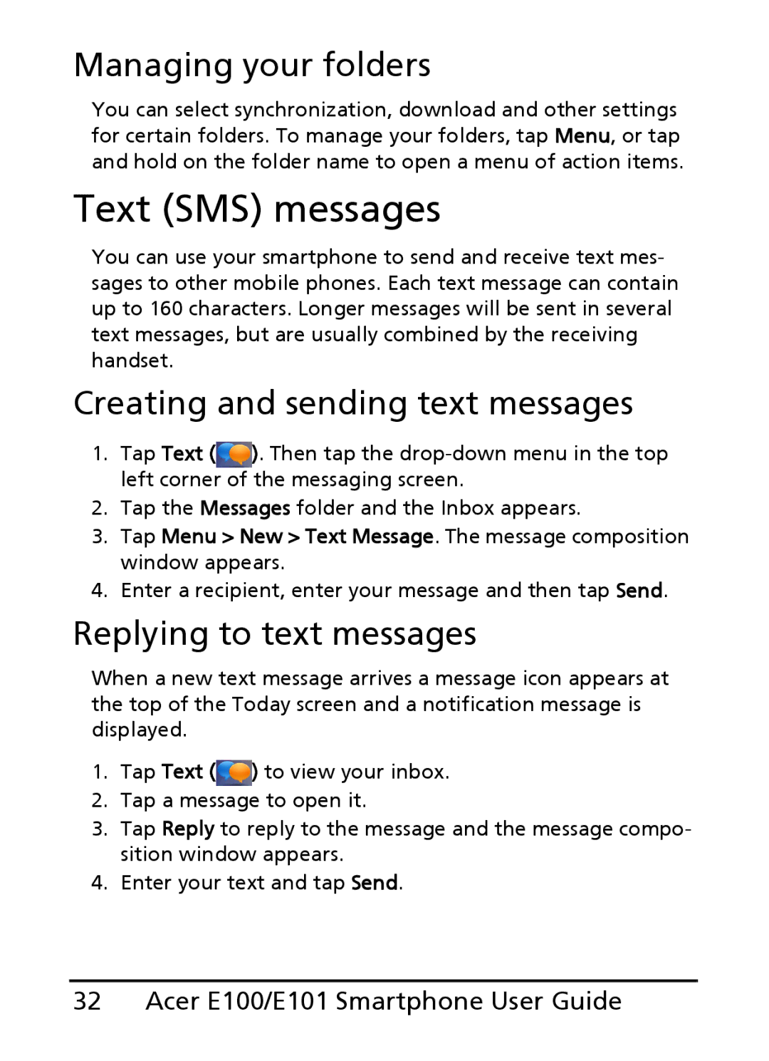 Acer E100, E101 Text SMS messages, Managing your folders, Creating and sending text messages, Replying to text messages 