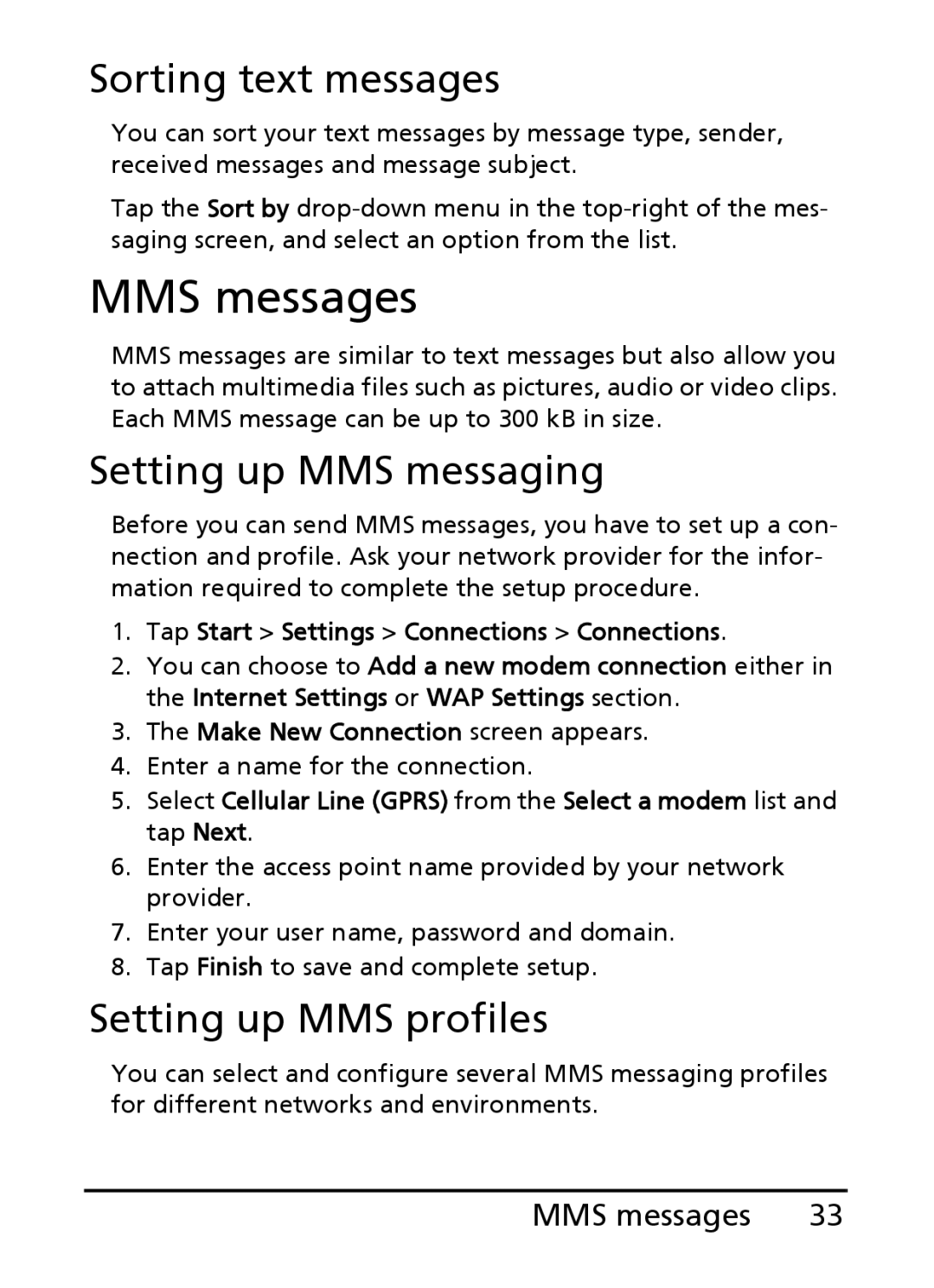 Acer E101, E100 manual MMS messages, Sorting text messages, Setting up MMS messaging, Setting up MMS profiles 