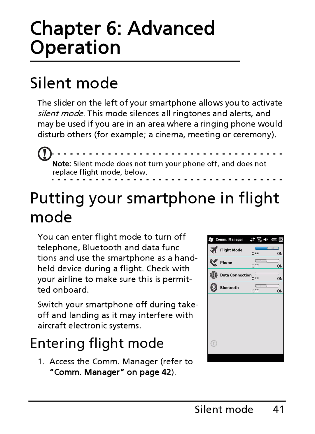 Acer E101, E100 manual Advanced Operation, Silent mode, Putting your smartphone in flight mode, Entering flight mode 