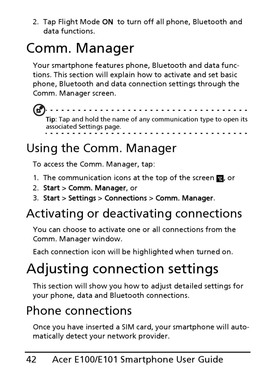 Acer E100, E101 manual Adjusting connection settings, Using the Comm. Manager, Activating or deactivating connections 