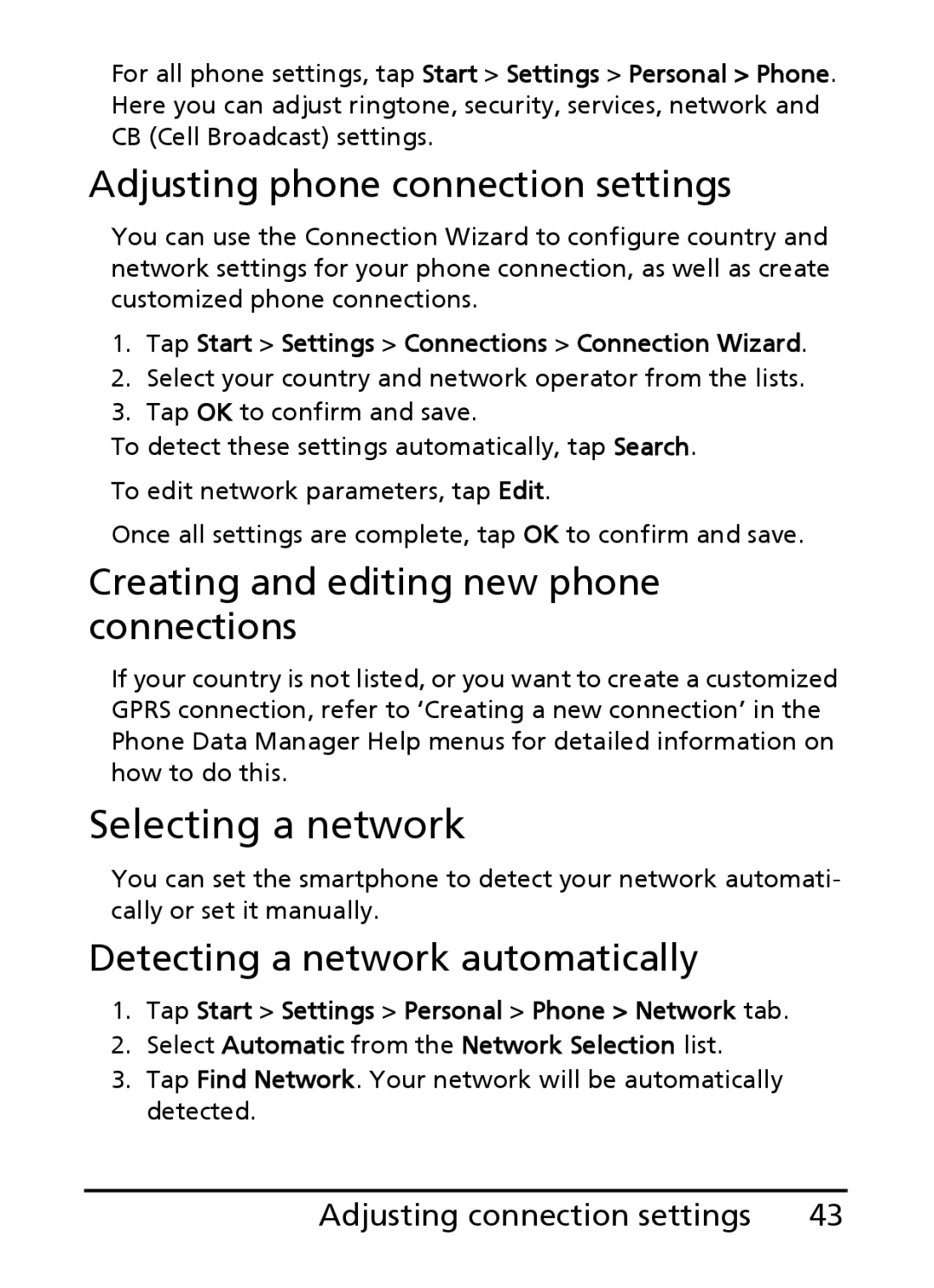 Acer E101, E100 manual Selecting a network, Adjusting phone connection settings, Creating and editing new phone connections 