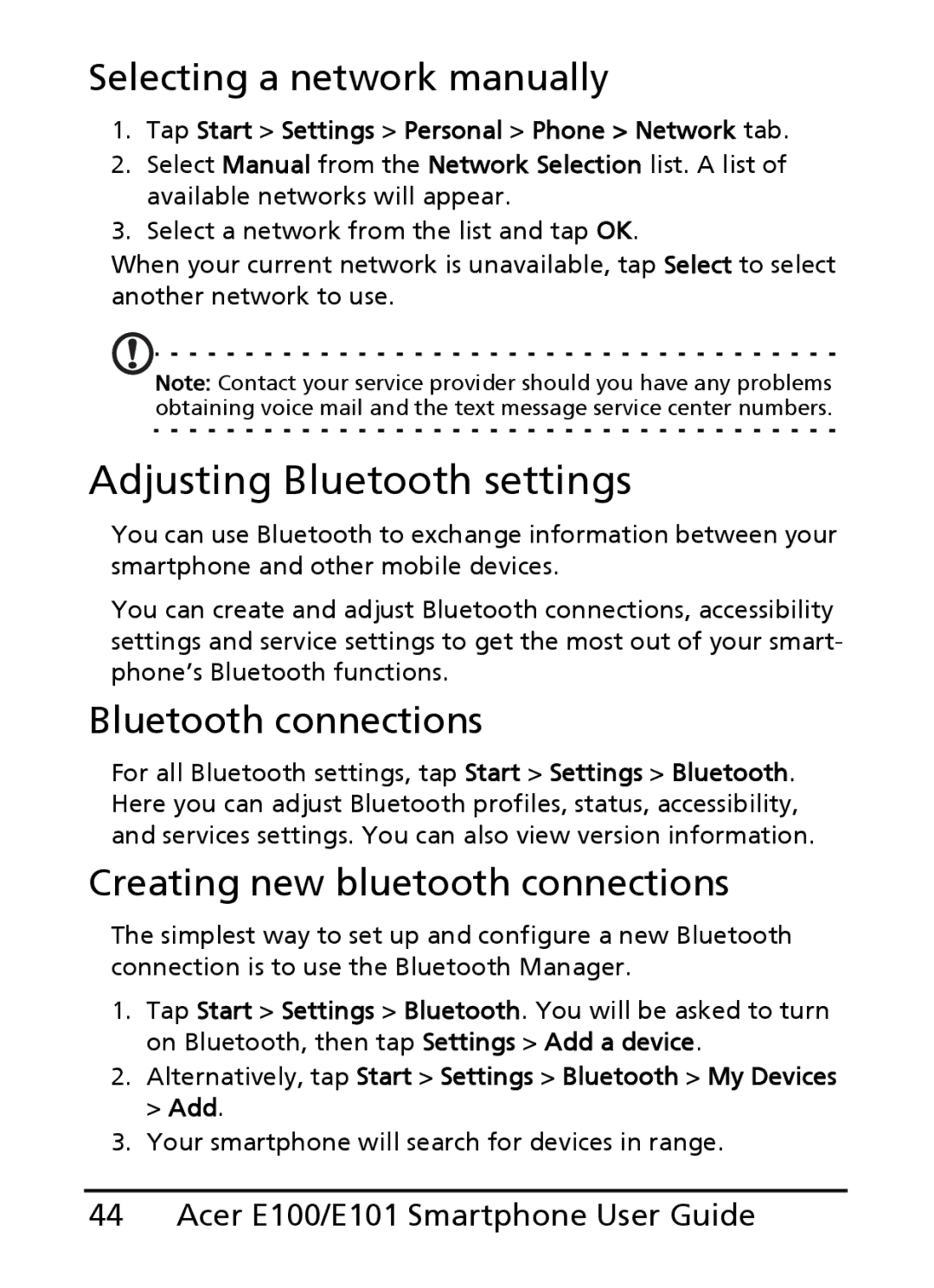 Acer E100, E101 Adjusting Bluetooth settings, Selecting a network manually, Bluetooth connections 