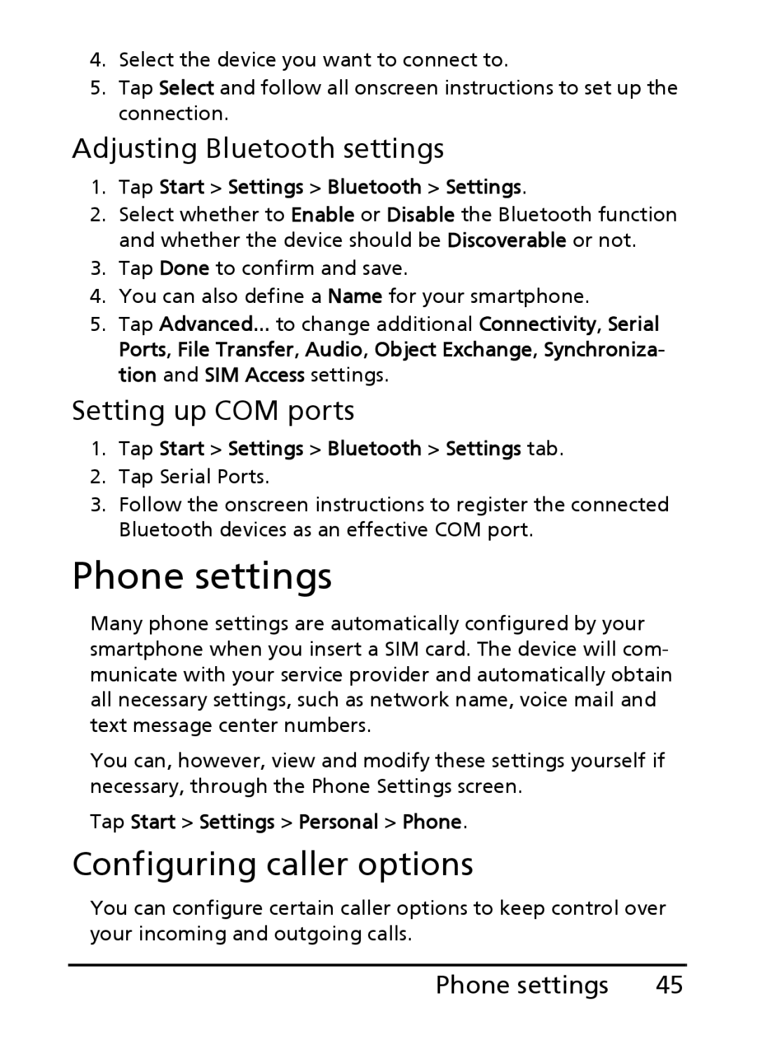 Acer E101, E100 manual Phone settings, Configuring caller options 