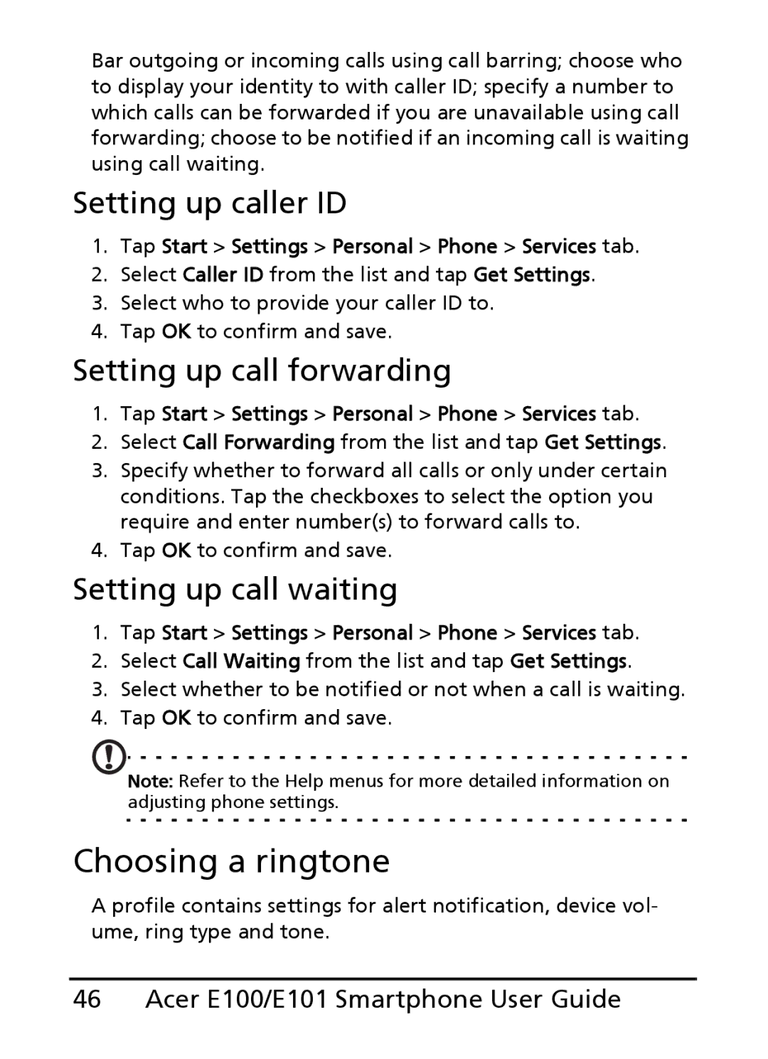 Acer E100, E101 manual Choosing a ringtone, Setting up caller ID, Setting up call forwarding, Setting up call waiting 