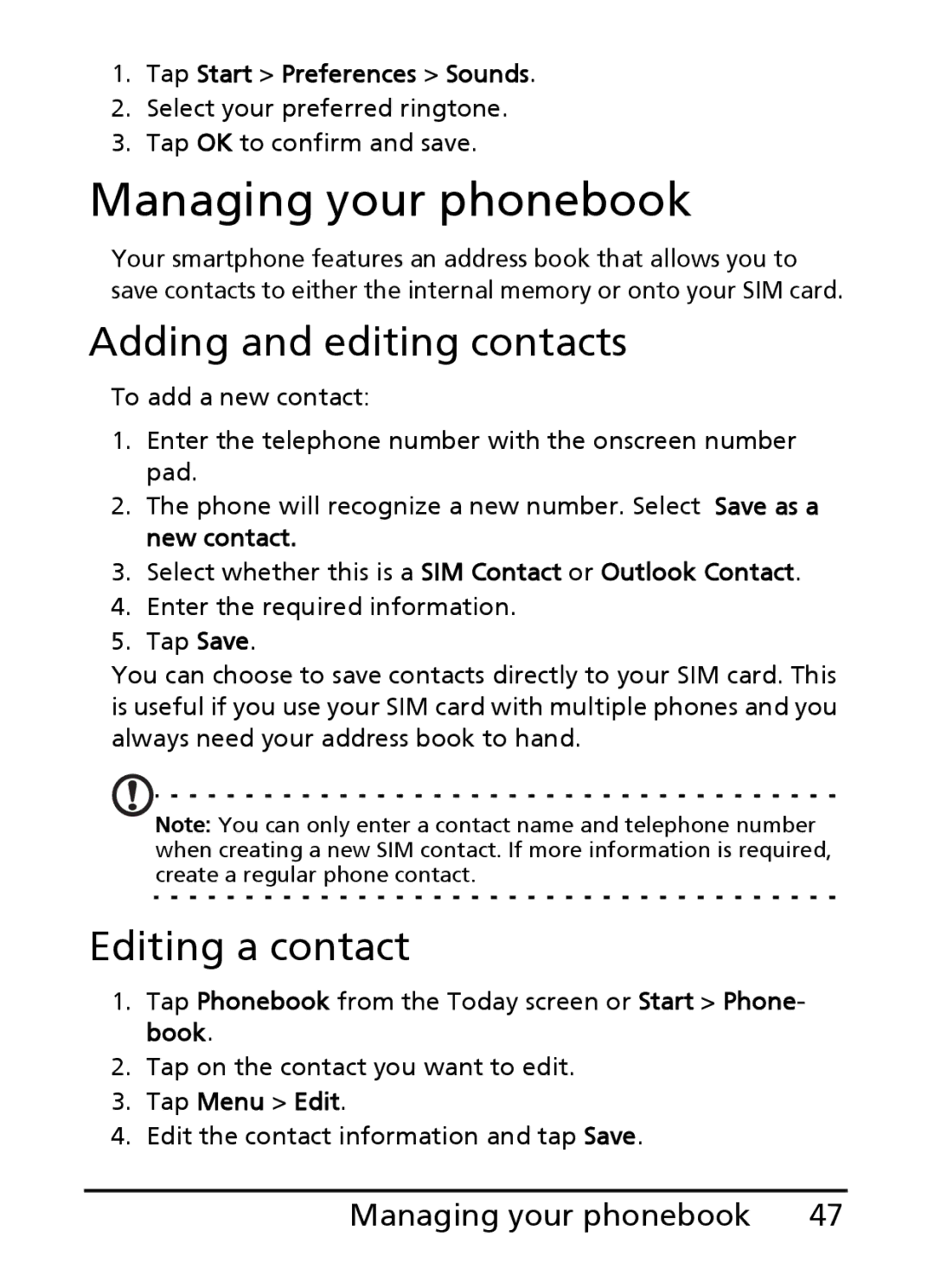 Acer E101, E100 manual Managing your phonebook, Adding and editing contacts, Editing a contact 