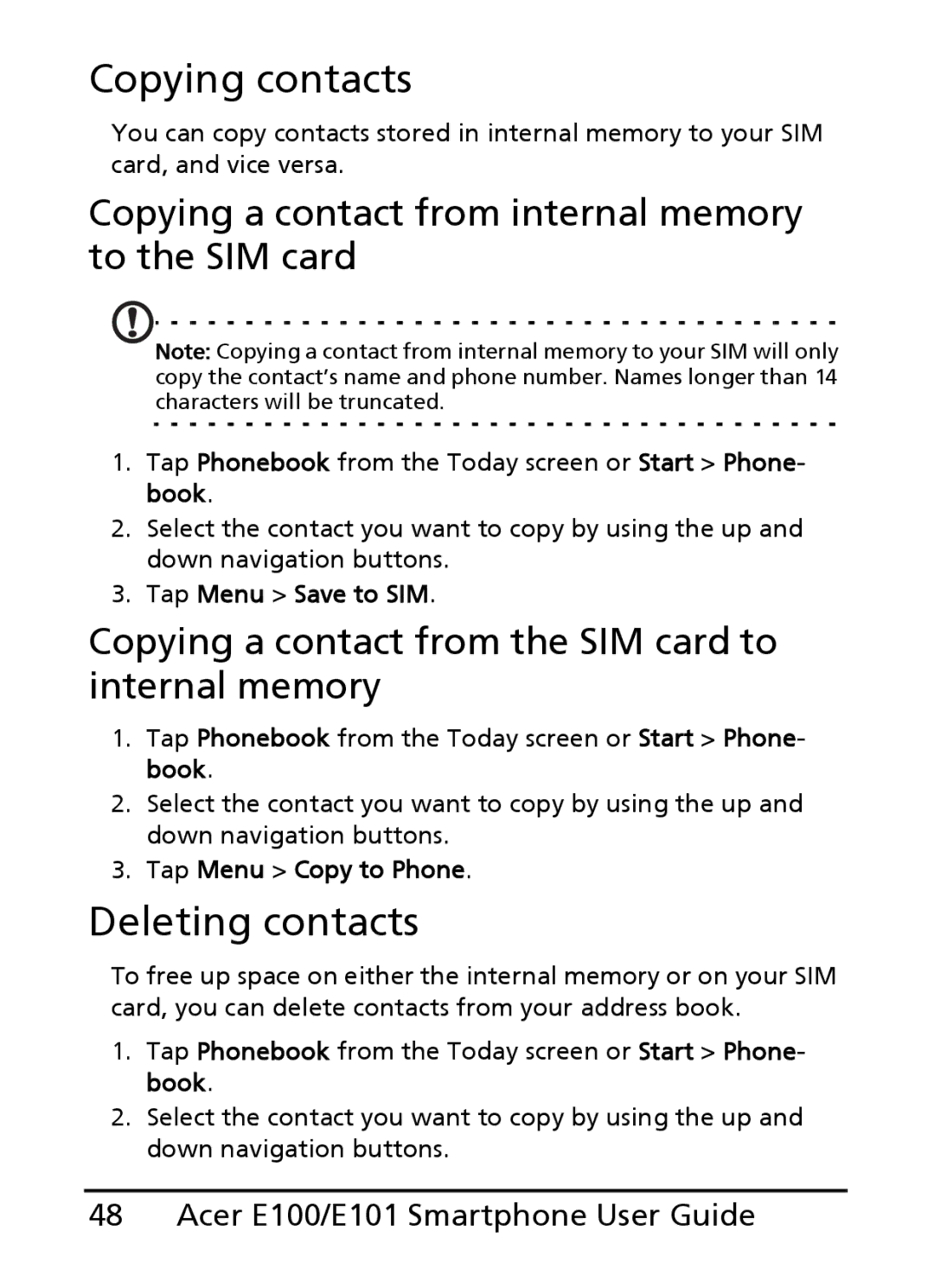 Acer E100, E101 manual Copying contacts, Deleting contacts, Copying a contact from internal memory to the SIM card 