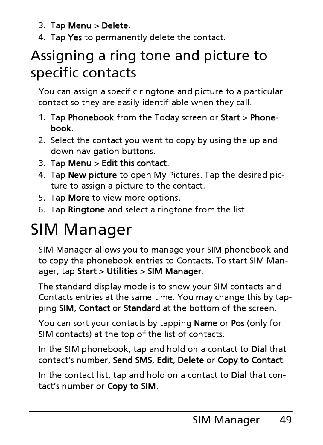 Acer E101 SIM Manager, Assigning a ring tone and picture to specific contacts, Tap Menu Delete, Tap Menu Edit this contact 