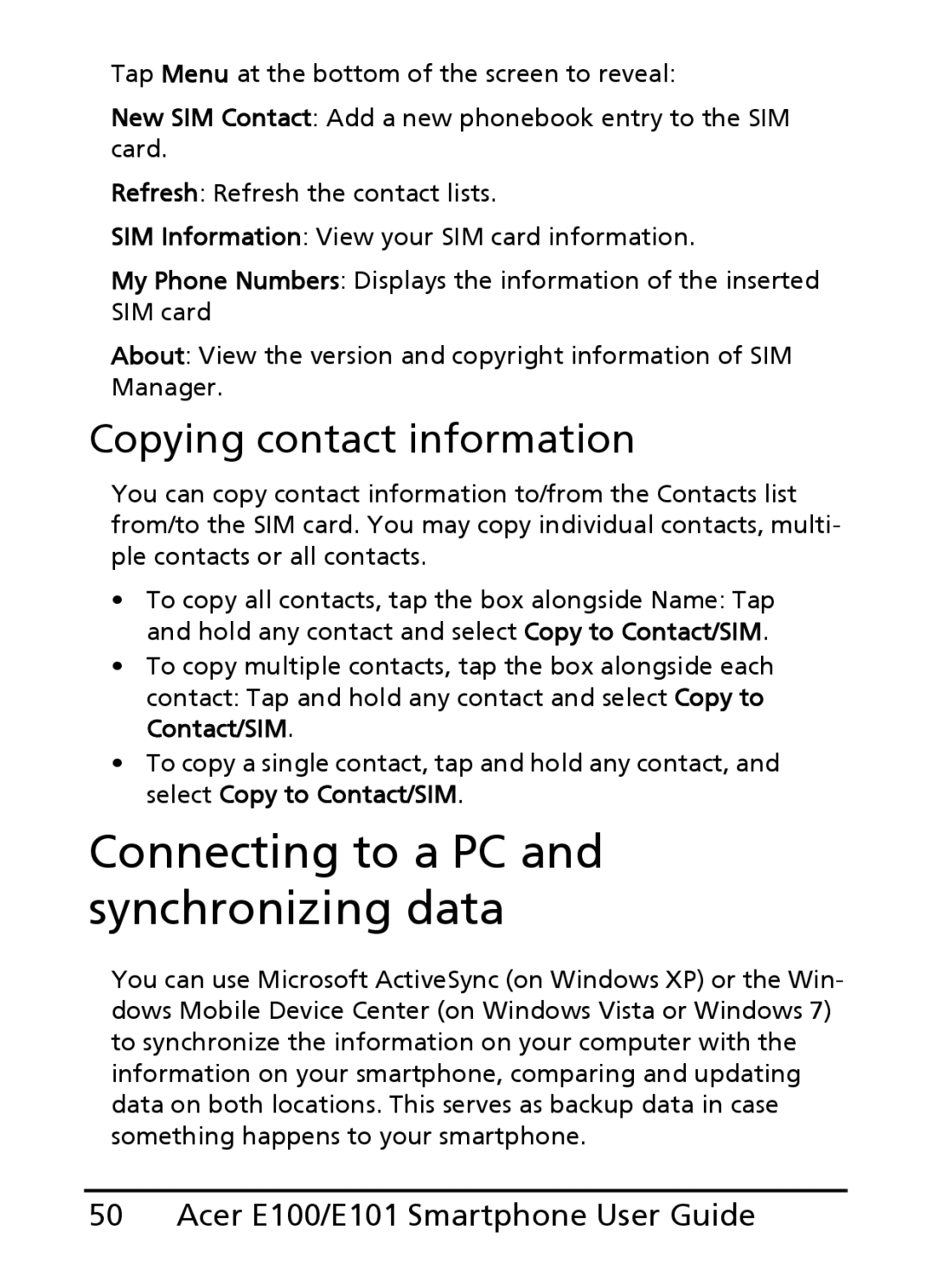 Acer E100, E101 manual Connecting to a PC and synchronizing data, Copying contact information 