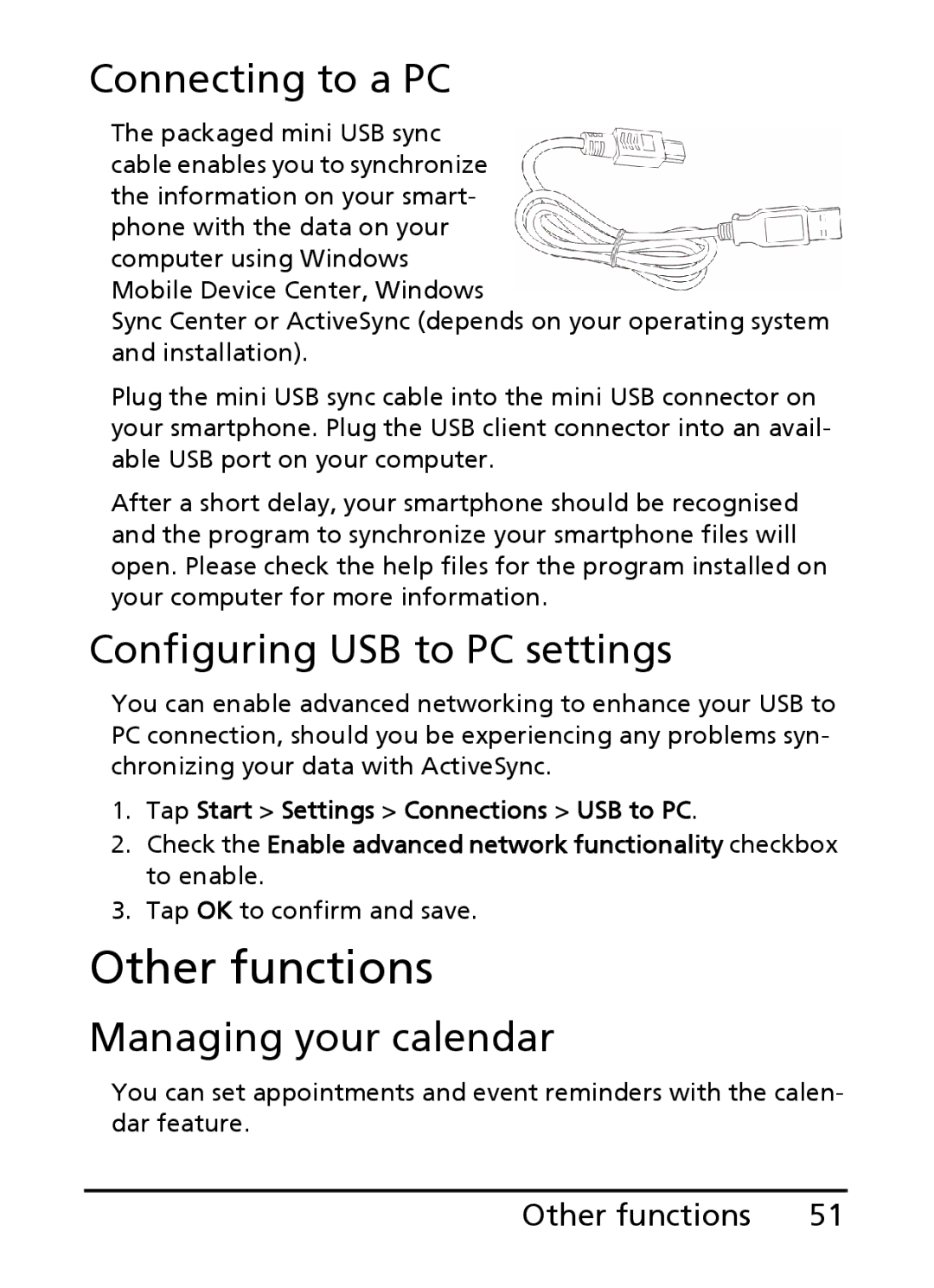 Acer E101, E100 manual Other functions, Connecting to a PC, Configuring USB to PC settings, Managing your calendar 