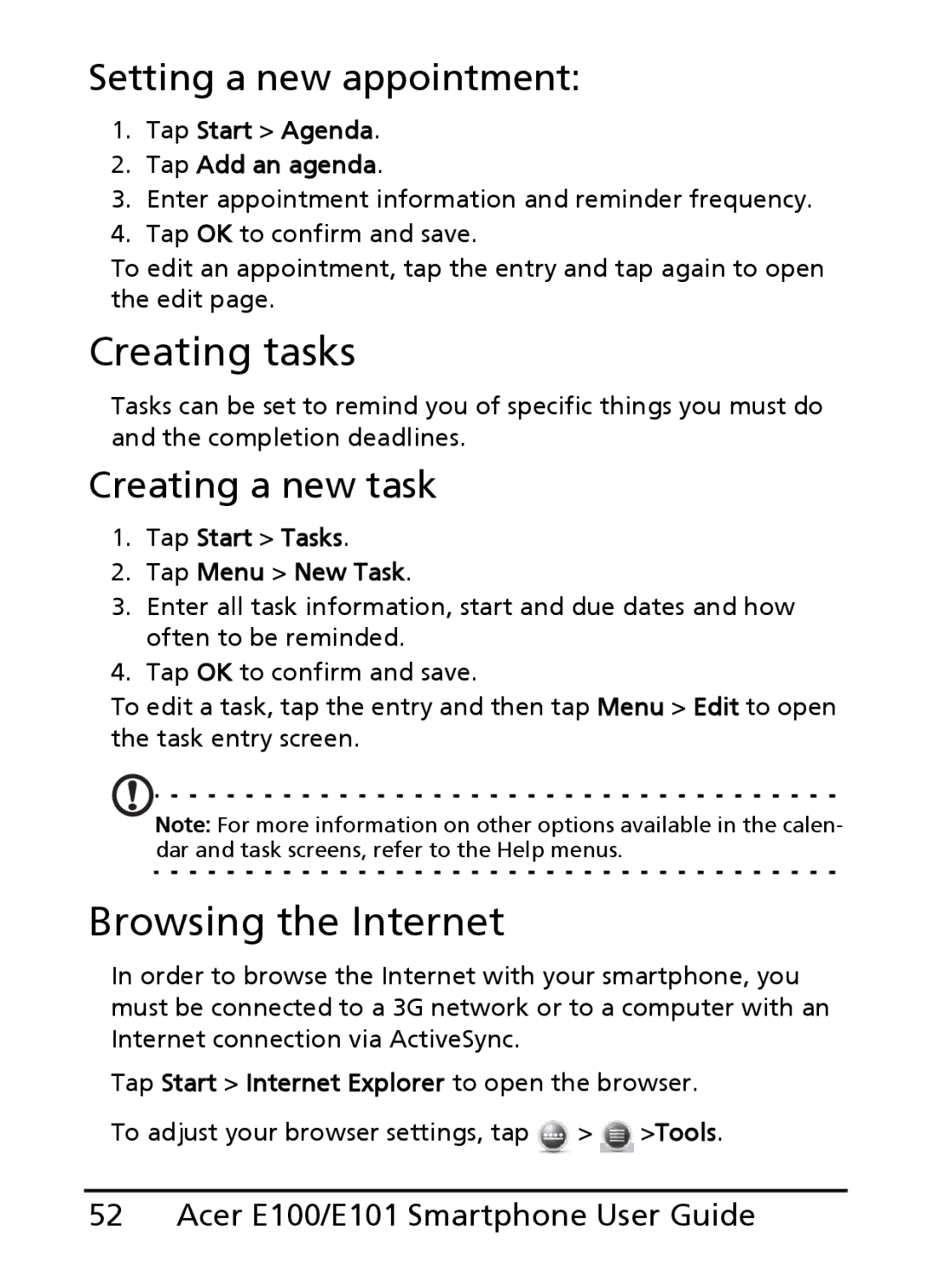 Acer E100, E101 manual Creating tasks, Browsing the Internet, Setting a new appointment, Creating a new task 
