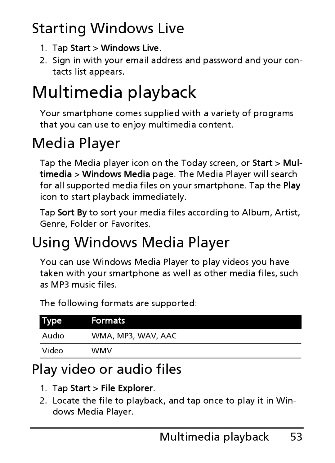 Acer E101, E100 manual Multimedia playback, Starting Windows Live, Using Windows Media Player, Play video or audio files 