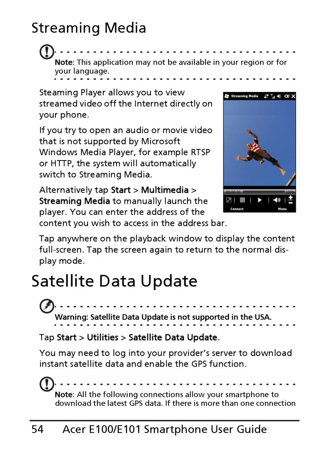 Acer E100, E101 manual Streaming Media, Tap Start Utilities Satellite Data Update 