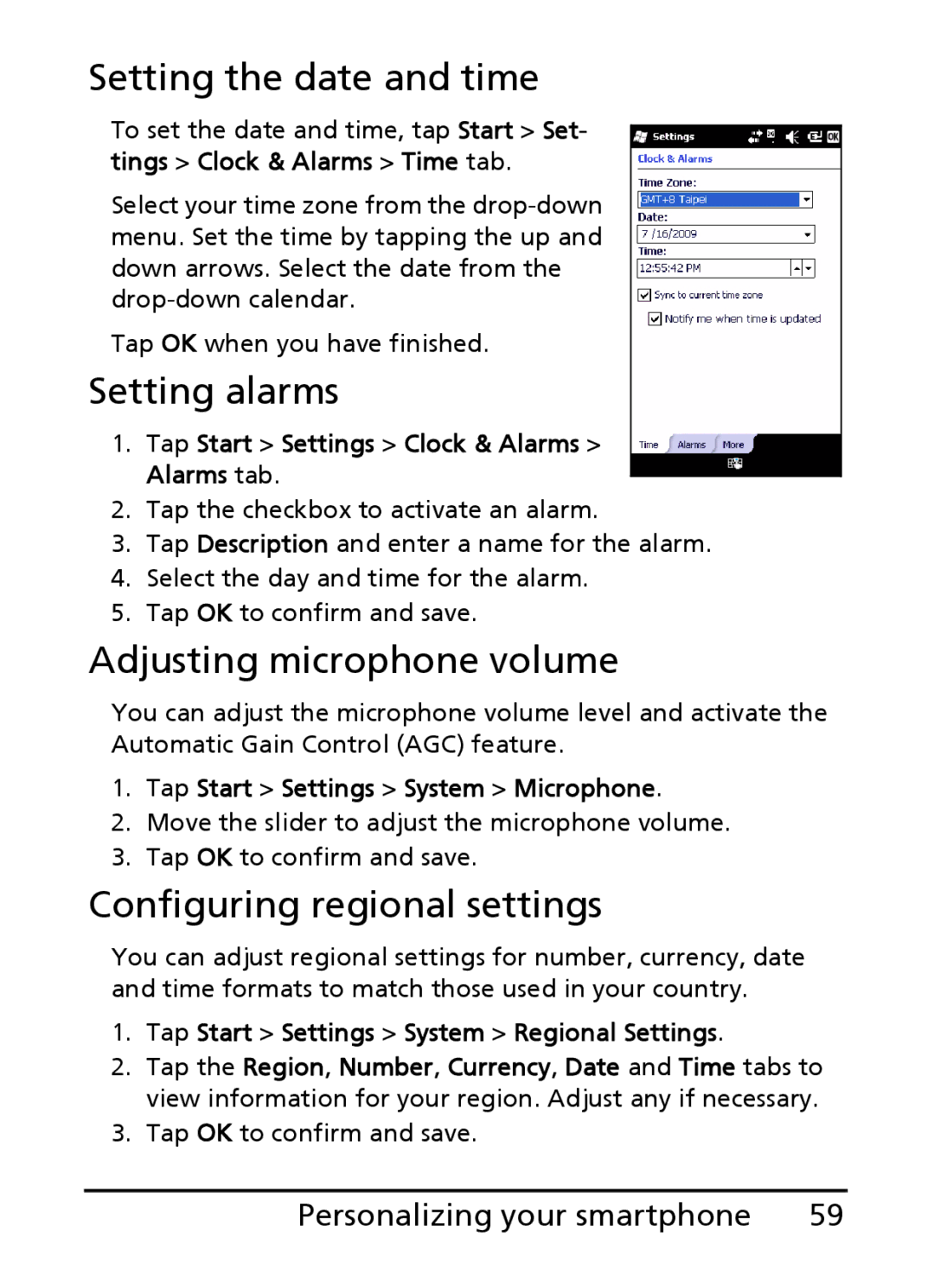 Acer E101, E100 manual Setting the date and time, Setting alarms, Adjusting microphone volume, Configuring regional settings 