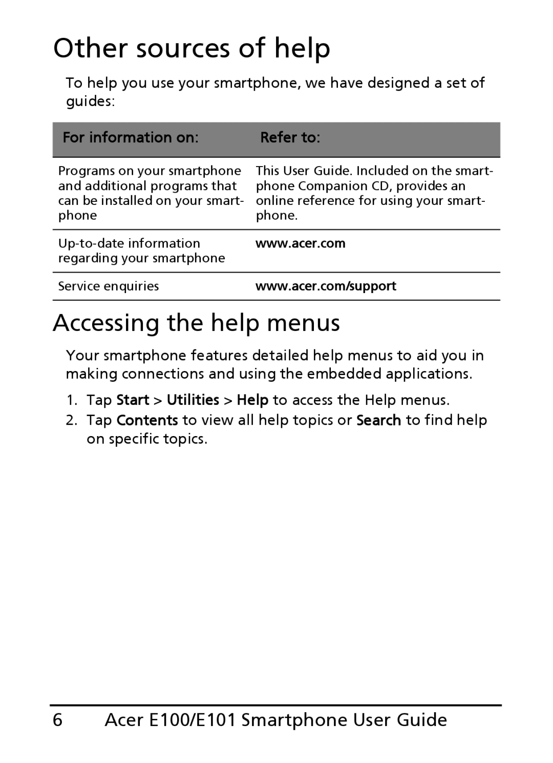 Acer E100, E101 manual Other sources of help, Accessing the help menus, For information on Refer to 