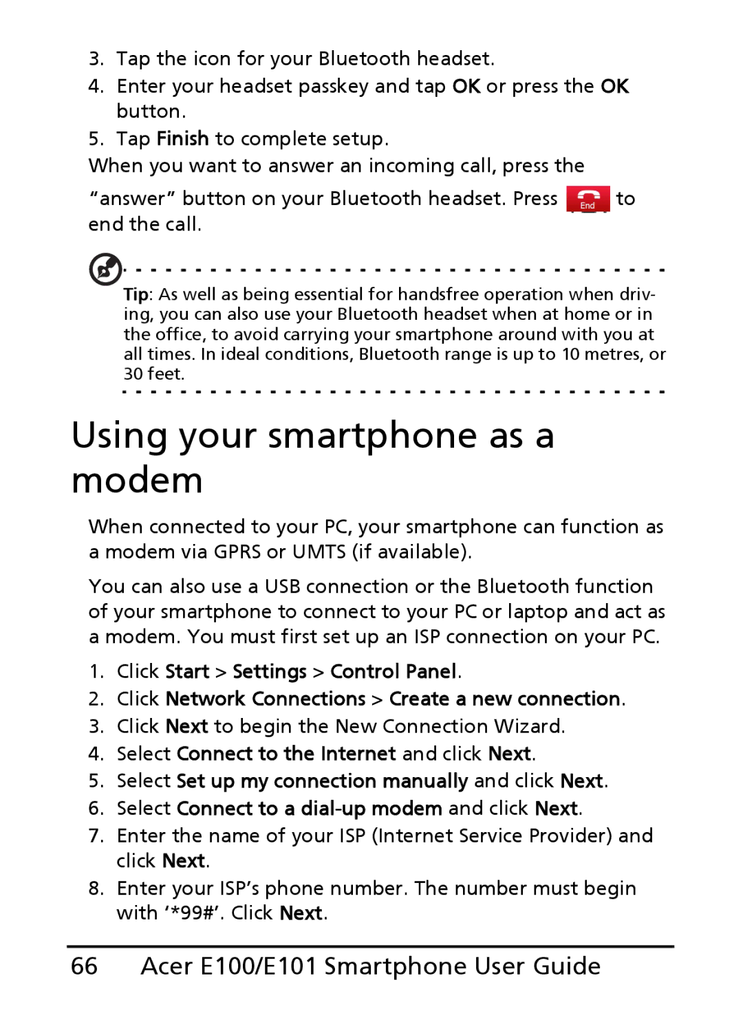 Acer E100, E101 manual Using your smartphone as a modem 