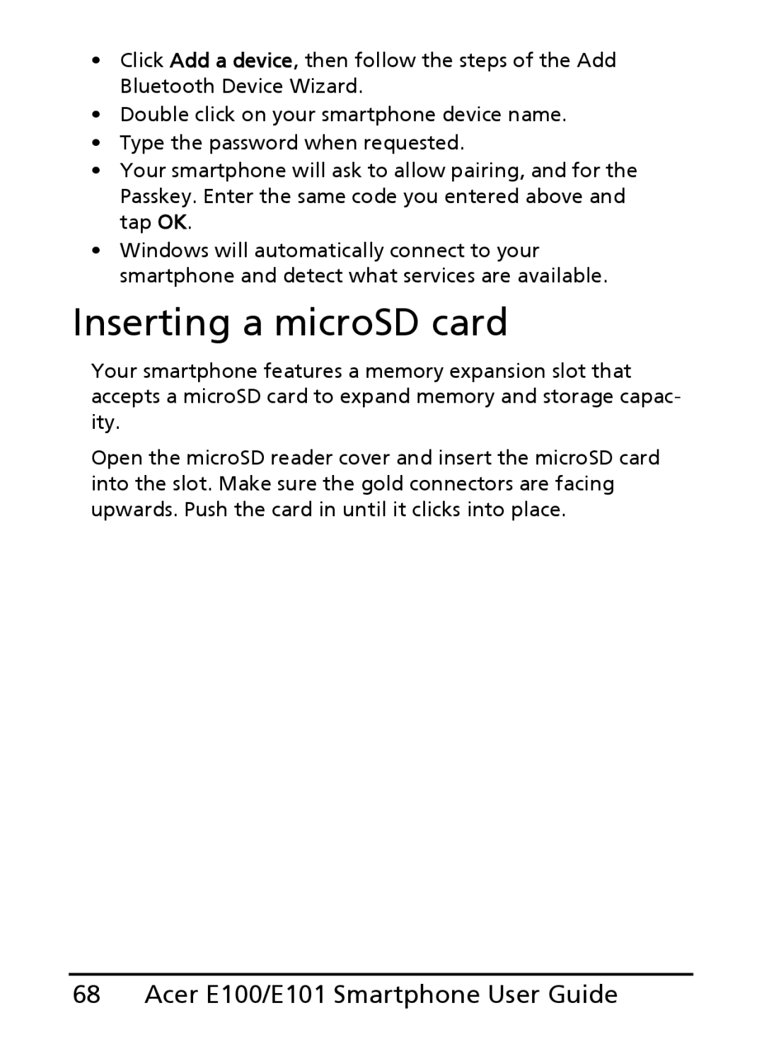 Acer E100, E101 manual Inserting a microSD card 