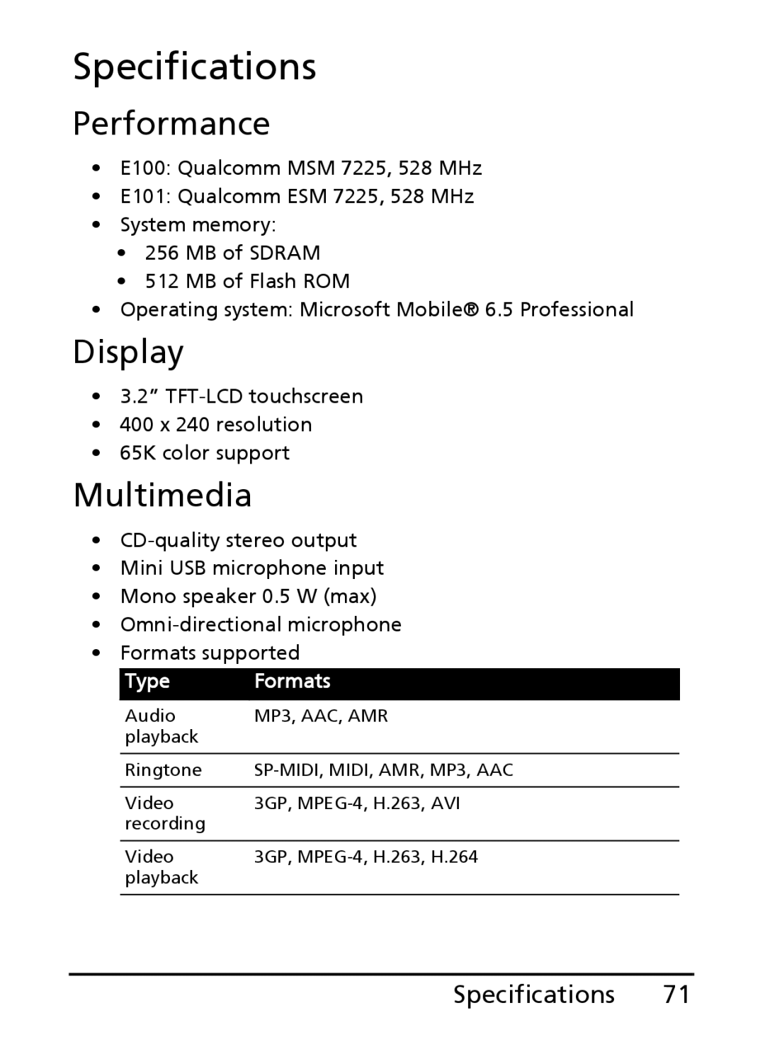 Acer E101, E100 manual Specifications, Performance, Display, Multimedia 