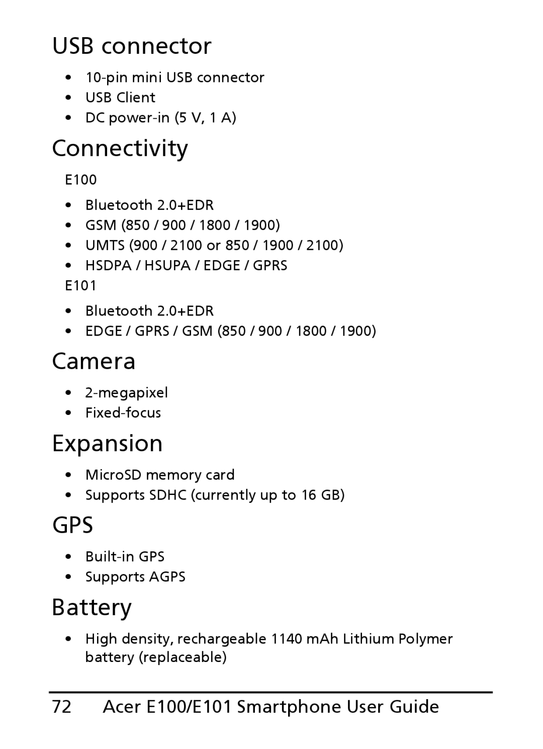 Acer E100, E101 manual USB connector, Connectivity, Camera, Expansion, Battery 