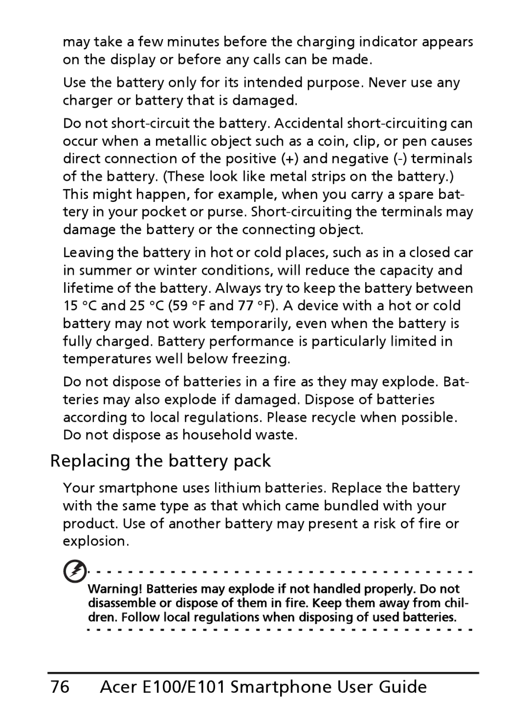 Acer E100, E101 manual Replacing the battery pack 