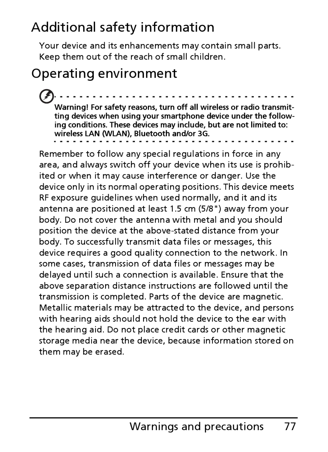 Acer E101, E100 manual Additional safety information, Operating environment 