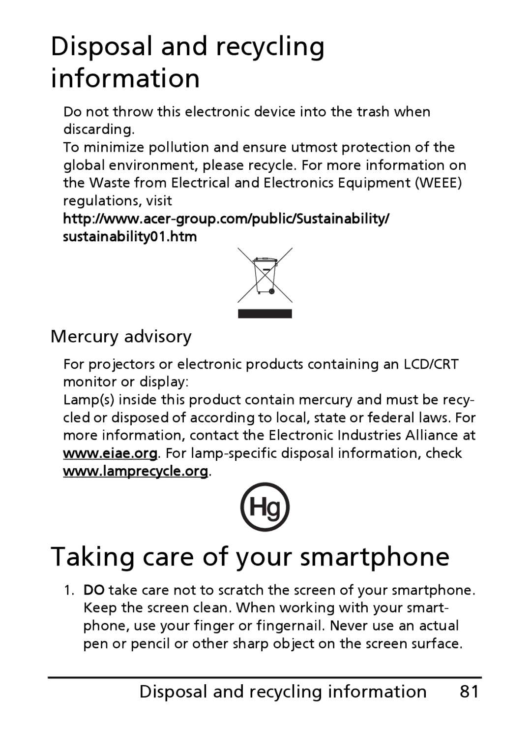 Acer E101, E100 manual Disposal and recycling information, Taking care of your smartphone, Mercury advisory 