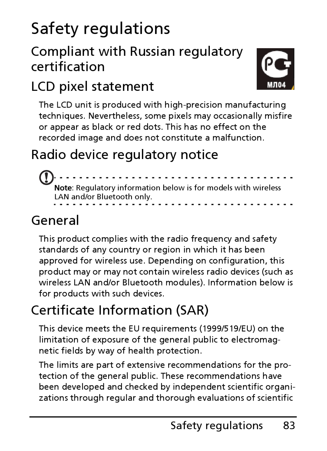 Acer E101, E100 manual Safety regulations, Radio device regulatory notice General, Certificate Information SAR 