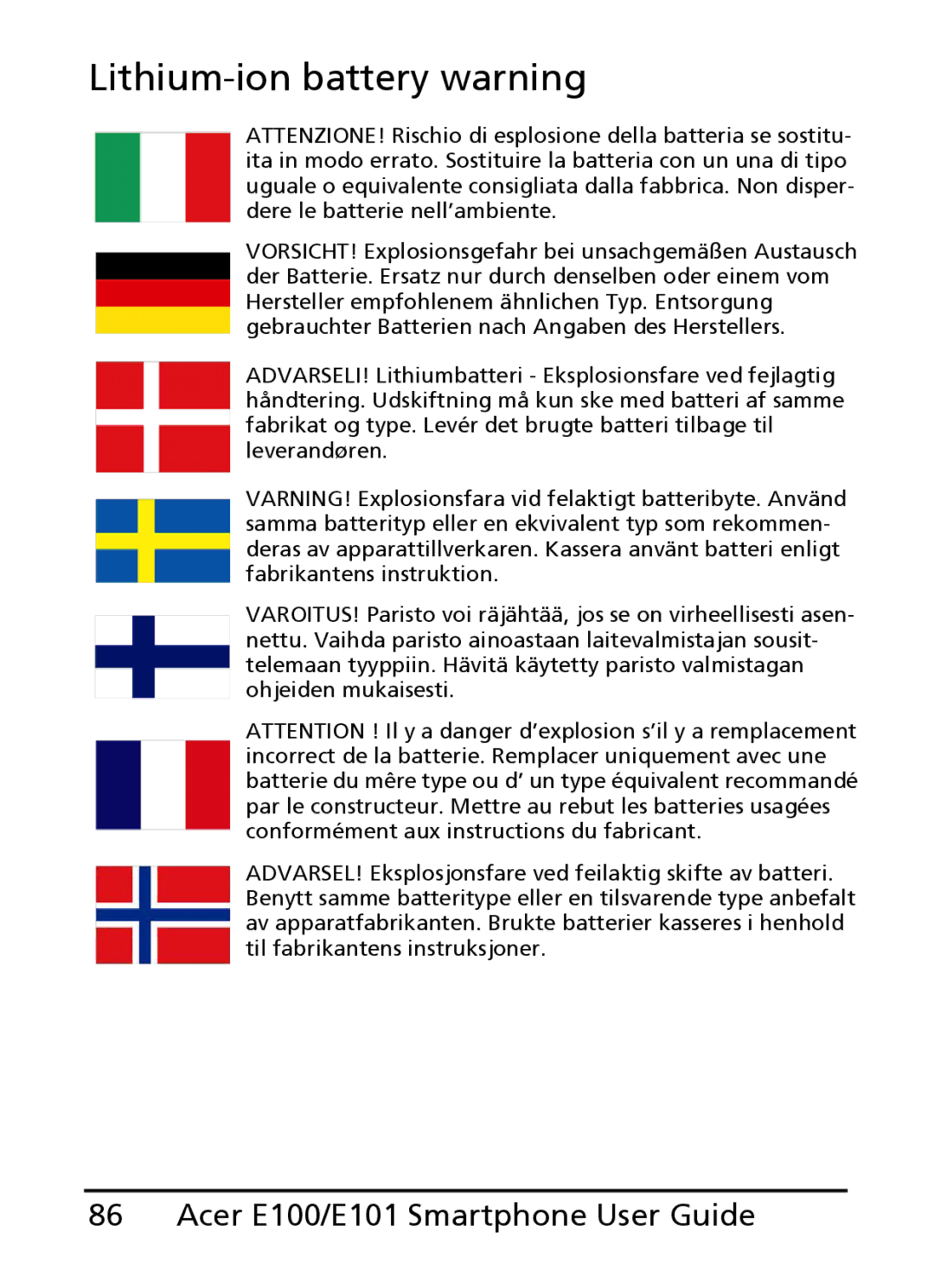 Acer E100, E101 manual Lithium-ion battery warning 