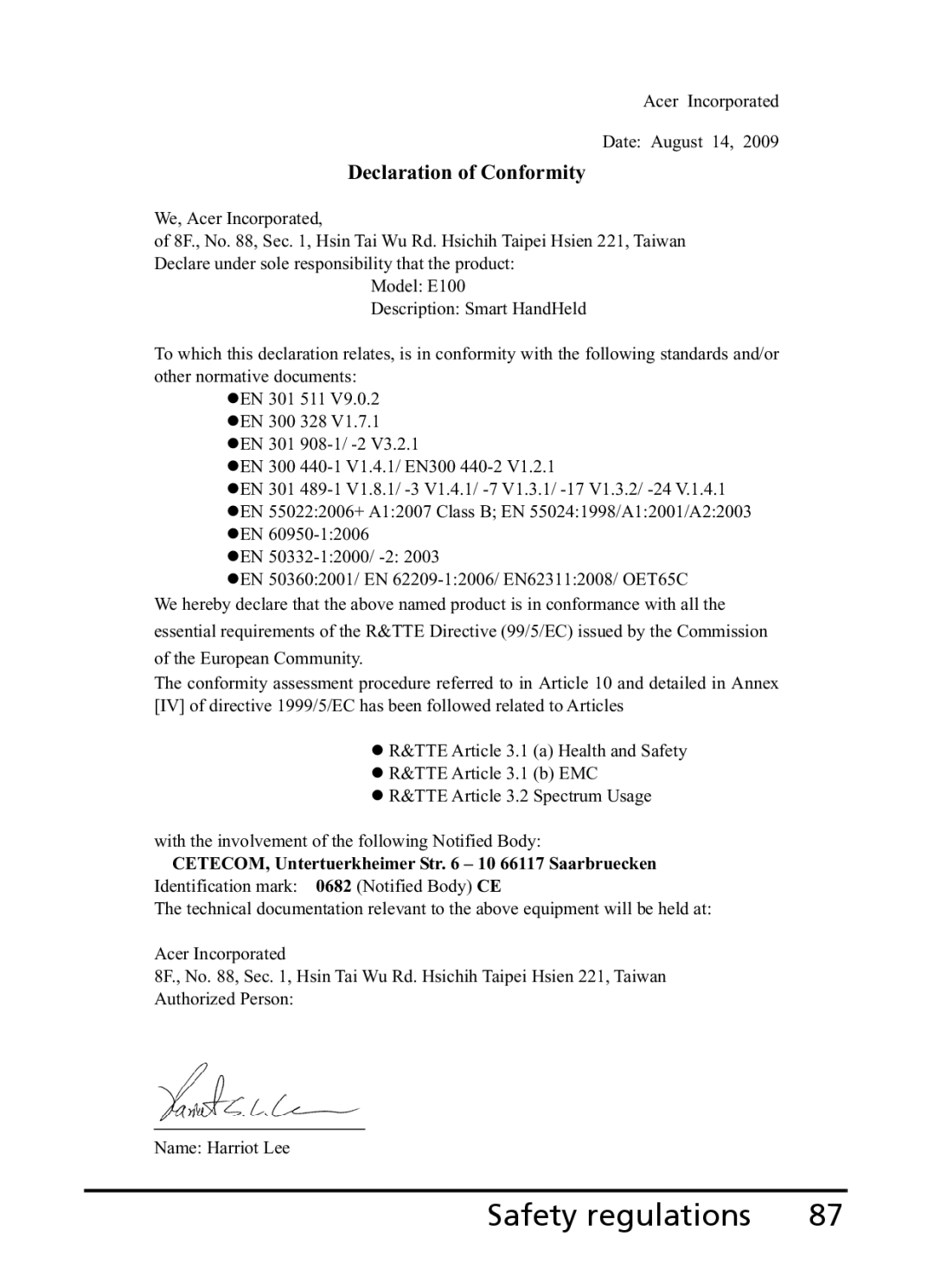 Acer E101, E100 manual Declaration of Conformity 