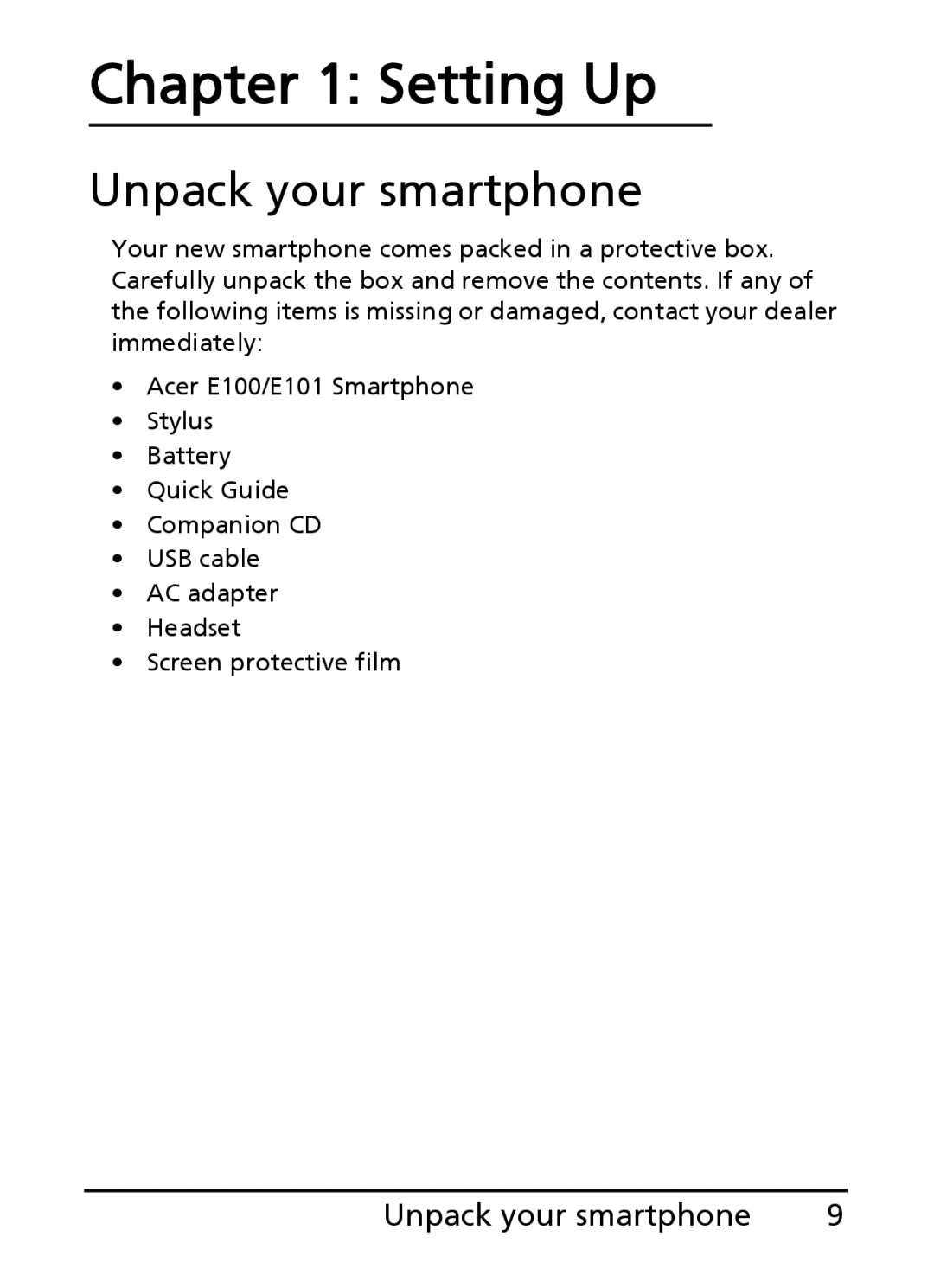 Acer E101, E100 manual Setting Up, Unpack your smartphone 