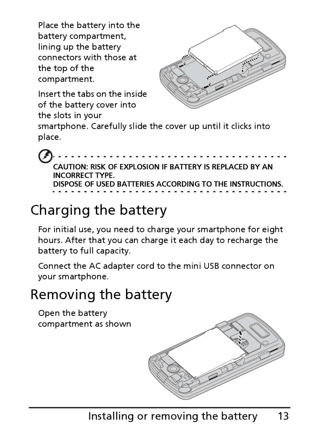 Acer E200 manual Charging the battery, Removing the battery, Installing or removing the battery 