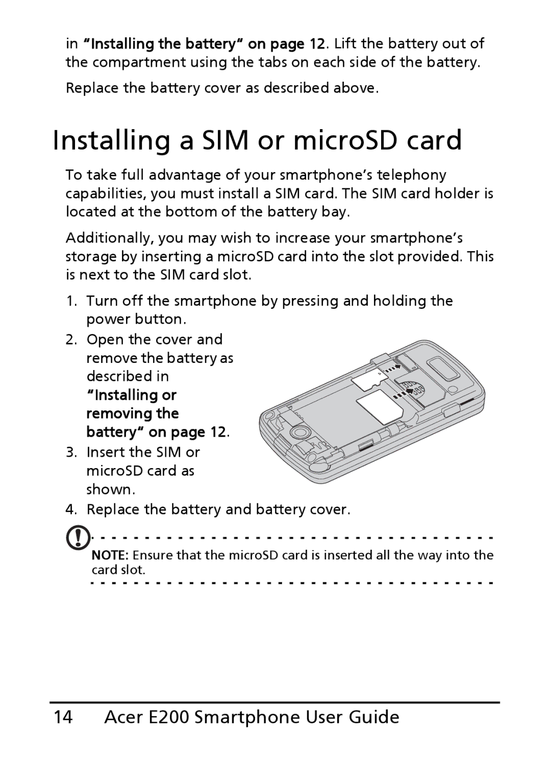 Acer E200 manual Installing a SIM or microSD card 