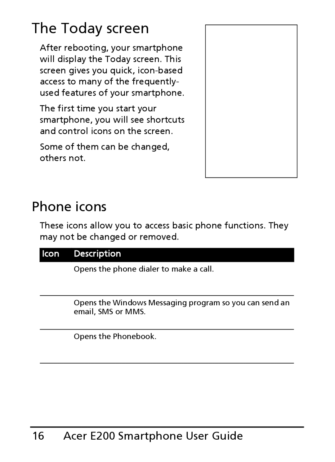 Acer E200 manual Today screen, Phone icons 