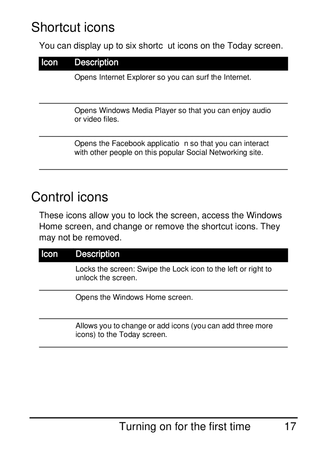 Acer E200 manual Shortcut icons, Control icons 