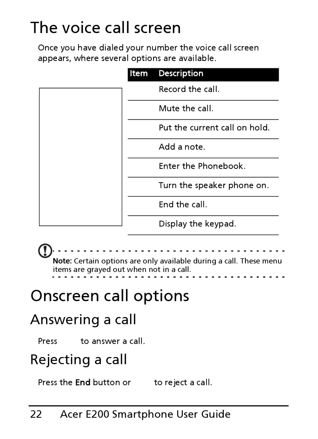 Acer E200 manual Voice call screen, Onscreen call options, Answering a call, Rejecting a call 