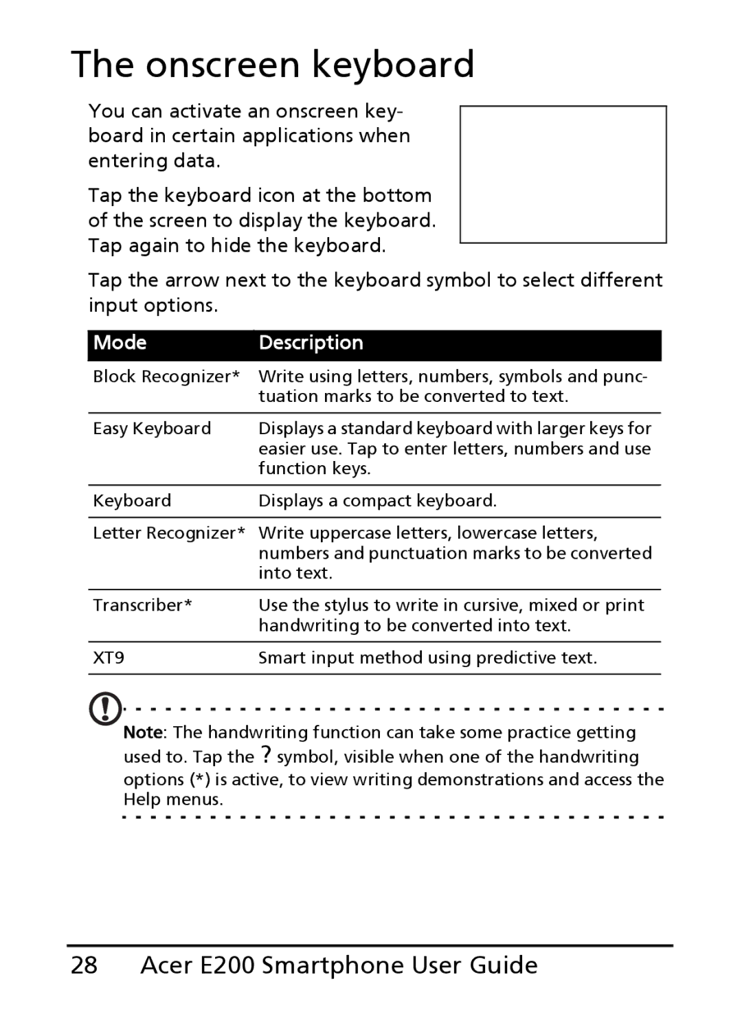 Acer E200 manual Onscreen keyboard, Mode Description 