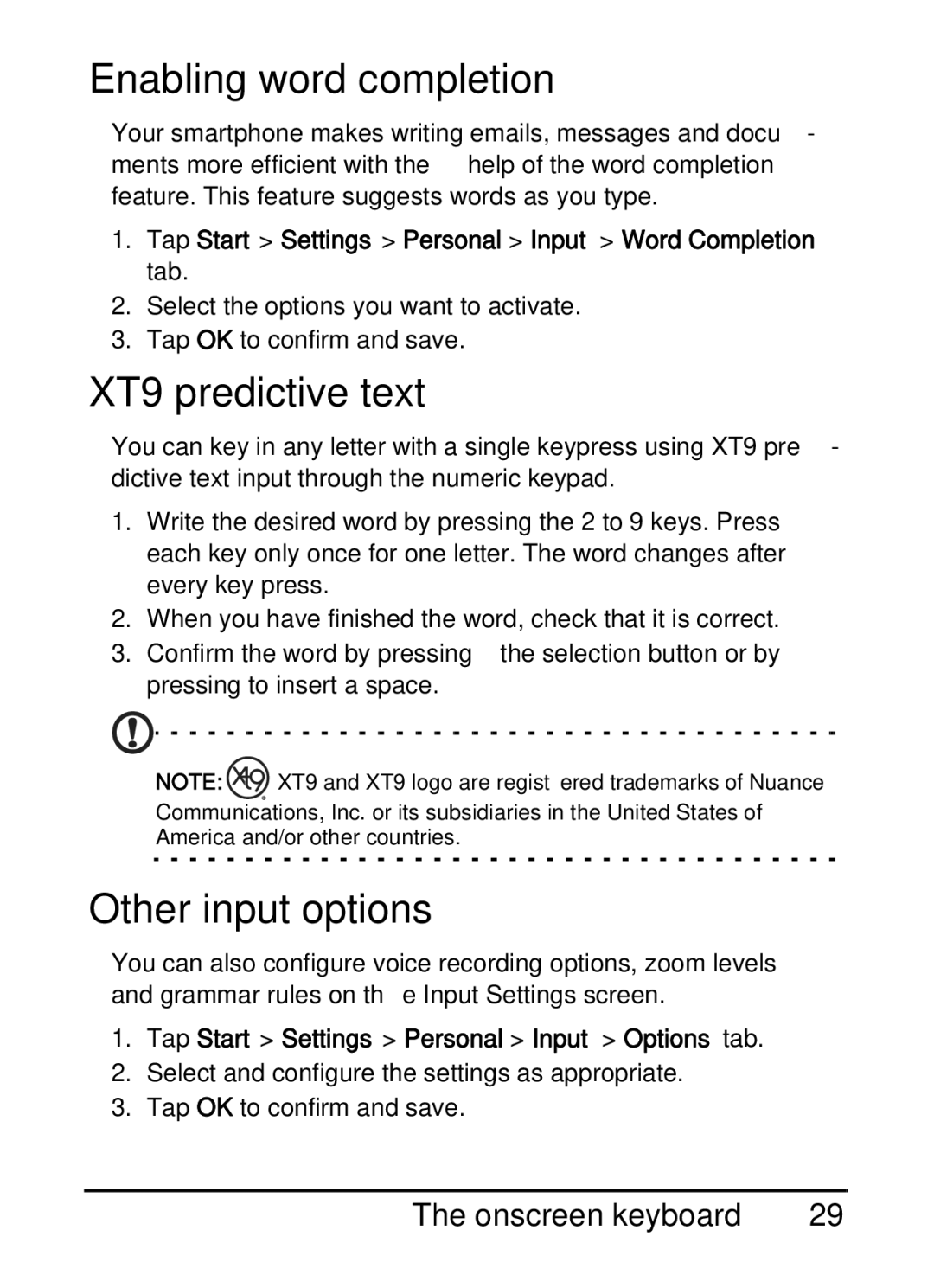 Acer E200 manual Enabling word completion, XT9 predictive text, Other input options, Onscreen keyboard 