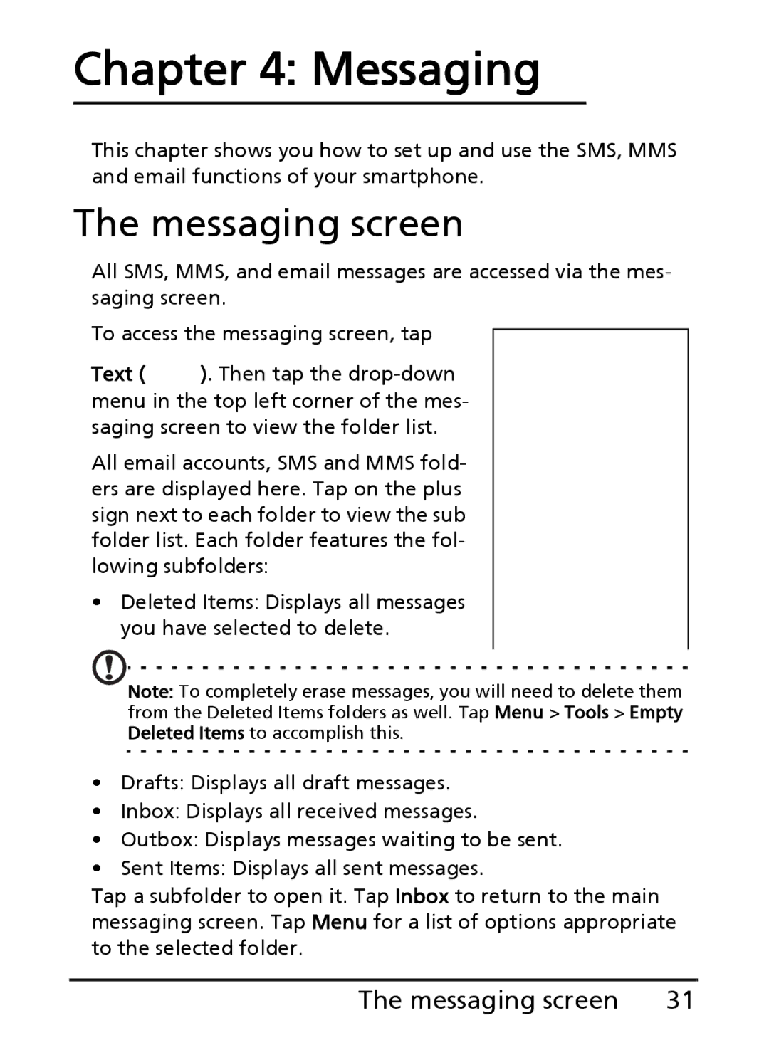 Acer E200 manual Messaging screen 