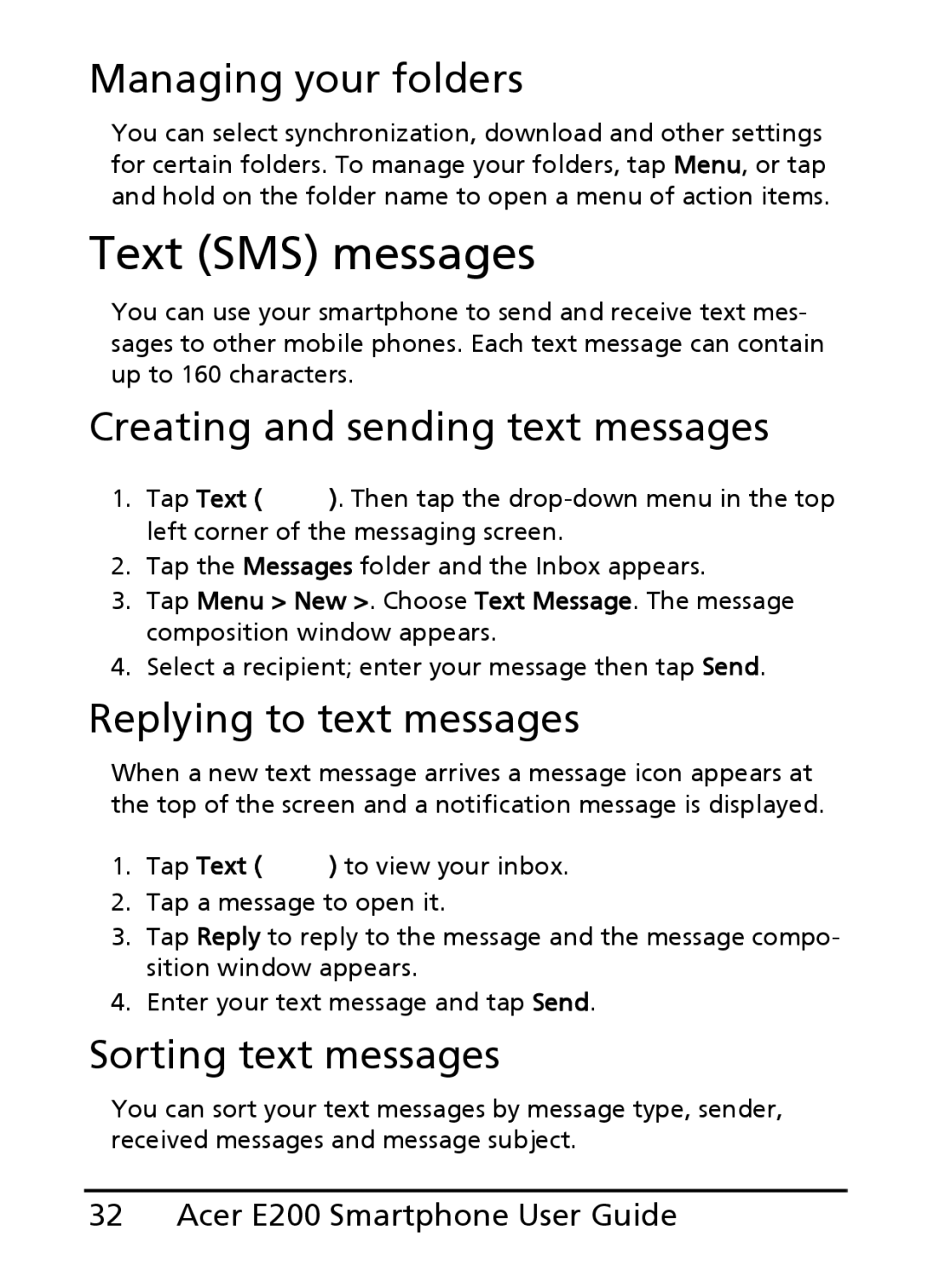 Acer E200 manual Text SMS messages, Managing your folders, Creating and sending text messages, Replying to text messages 