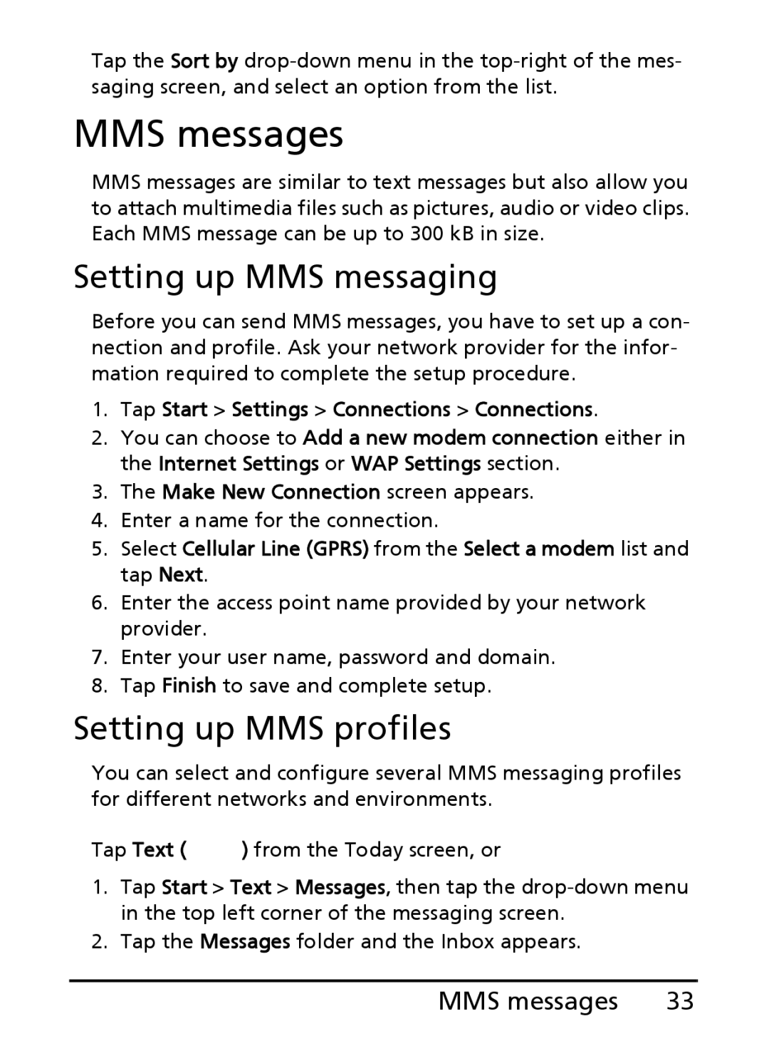 Acer E200 manual MMS messages, Setting up MMS messaging, Setting up MMS profiles 