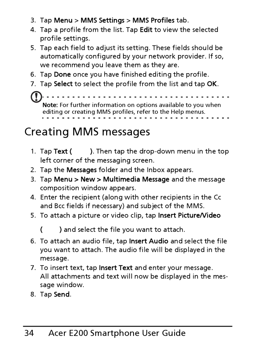 Acer E200 manual Creating MMS messages, Tap Menu MMS Settings MMS Profiles tab 