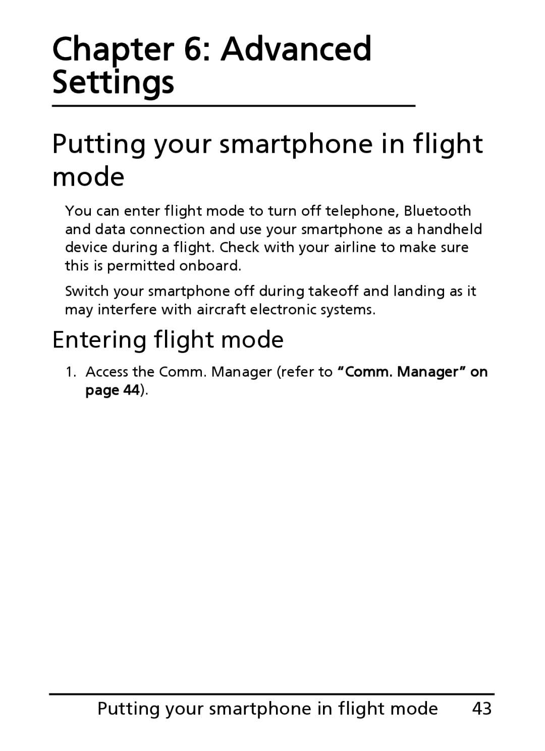 Acer E200 manual Advanced Settings, Putting your smartphone in flight mode, Entering flight mode 