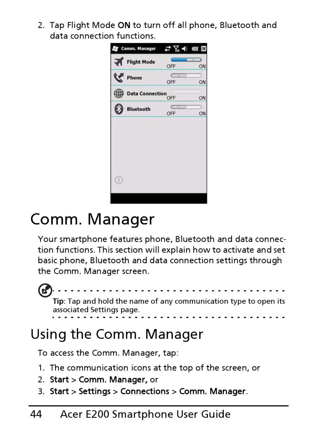 Acer E200 manual Using the Comm. Manager 