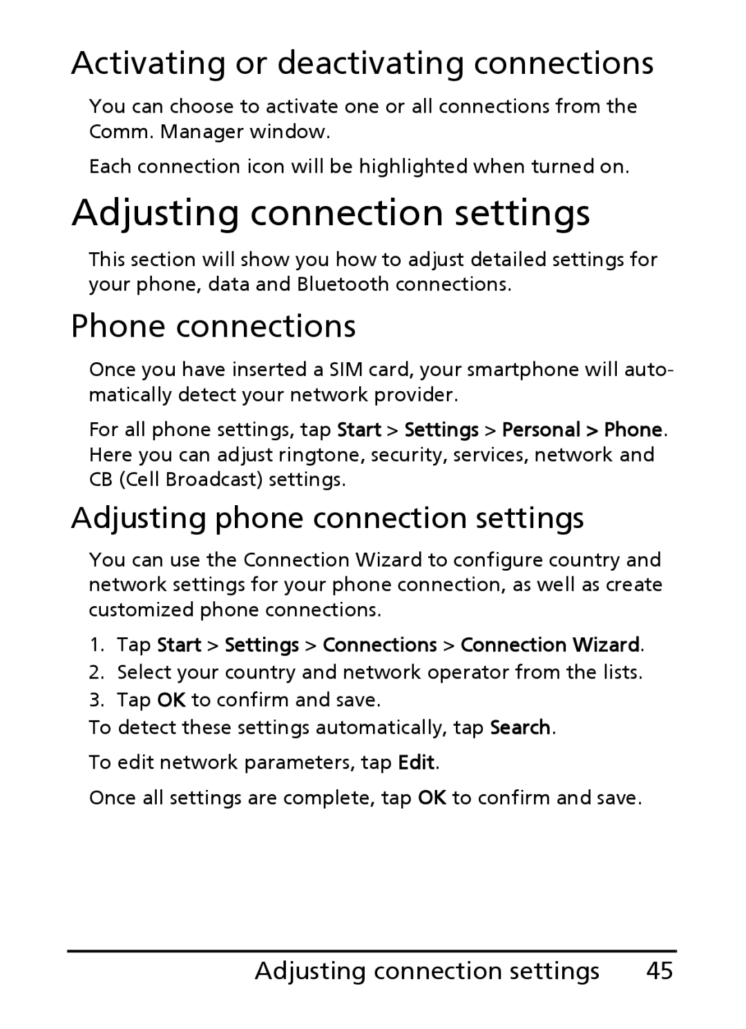 Acer E200 manual Adjusting connection settings, Activating or deactivating connections, Phone connections 