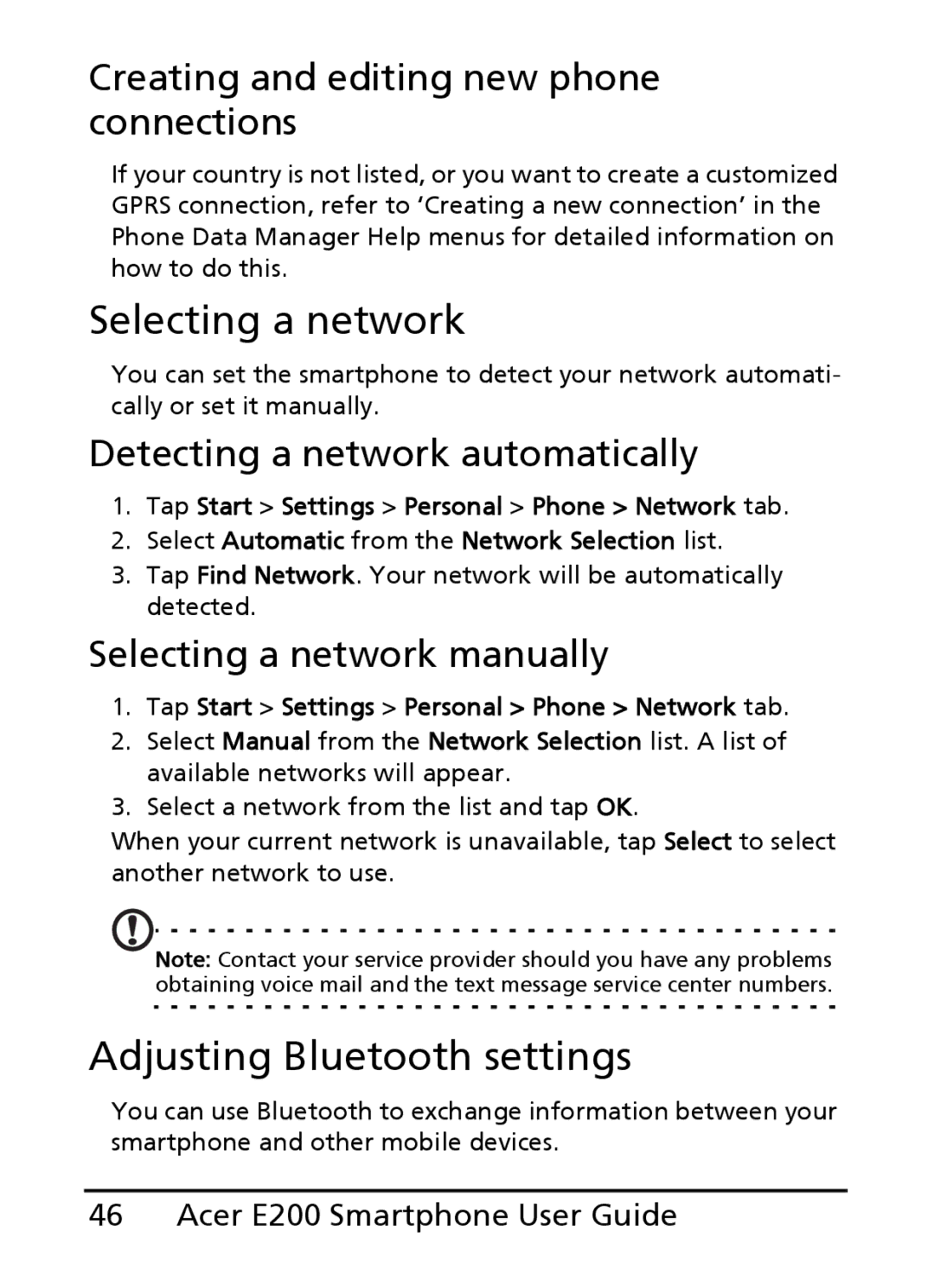 Acer E200 manual Selecting a network, Adjusting Bluetooth settings, Creating and editing new phone connections 