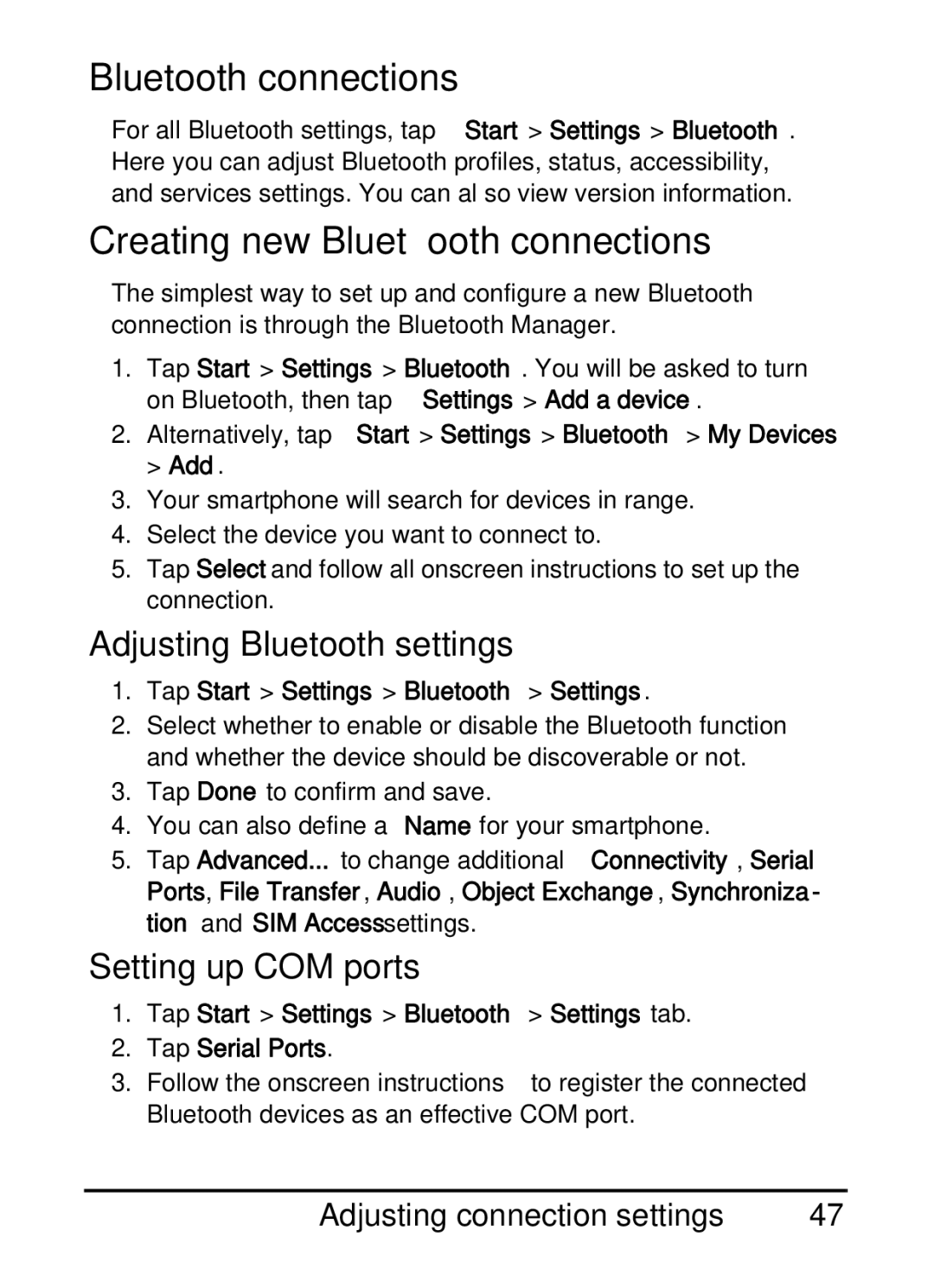 Acer E200 manual Creating new Bluetooth connections, Alternatively, tap Start Settings Bluetooth My Devices Add 