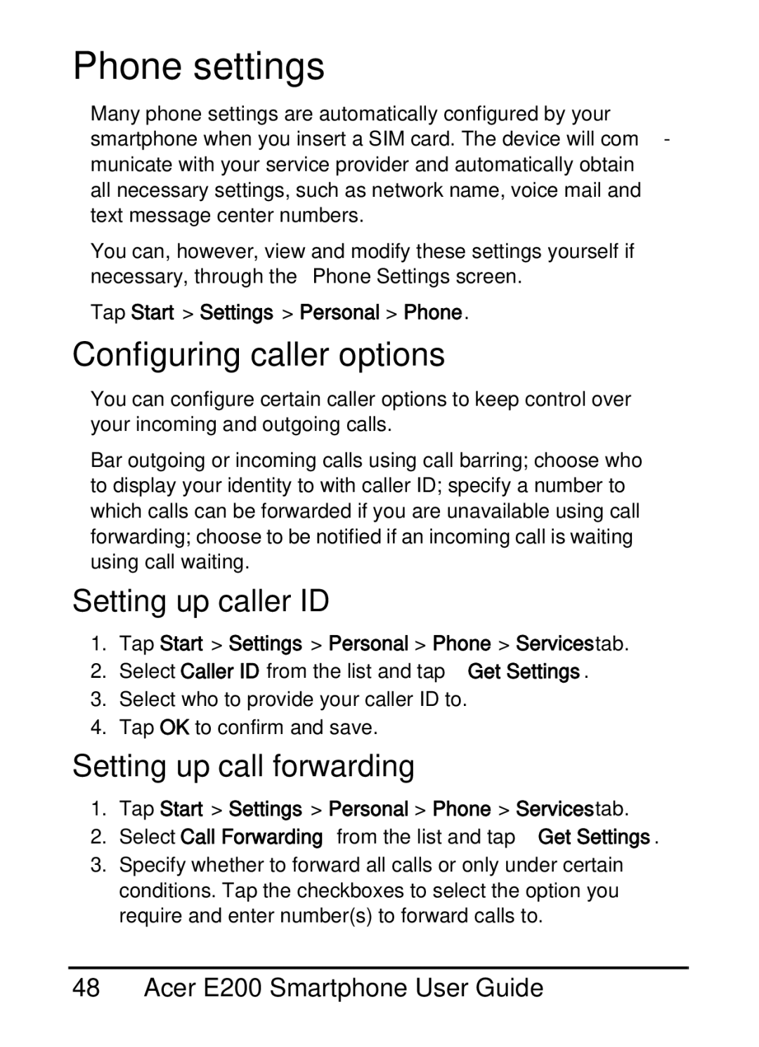 Acer E200 manual Phone settings, Configuring caller options, Setting up caller ID, Setting up call forwarding 