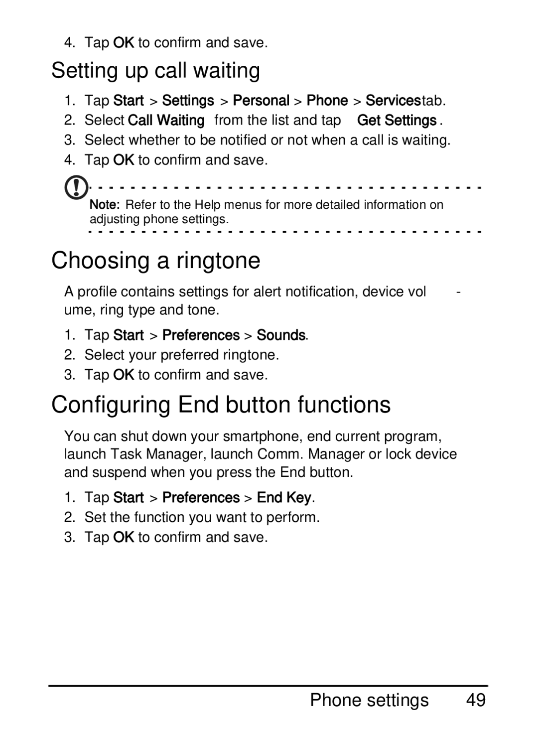 Acer E200 manual Choosing a ringtone, Configuring End button functions, Setting up call waiting, Phone settings 